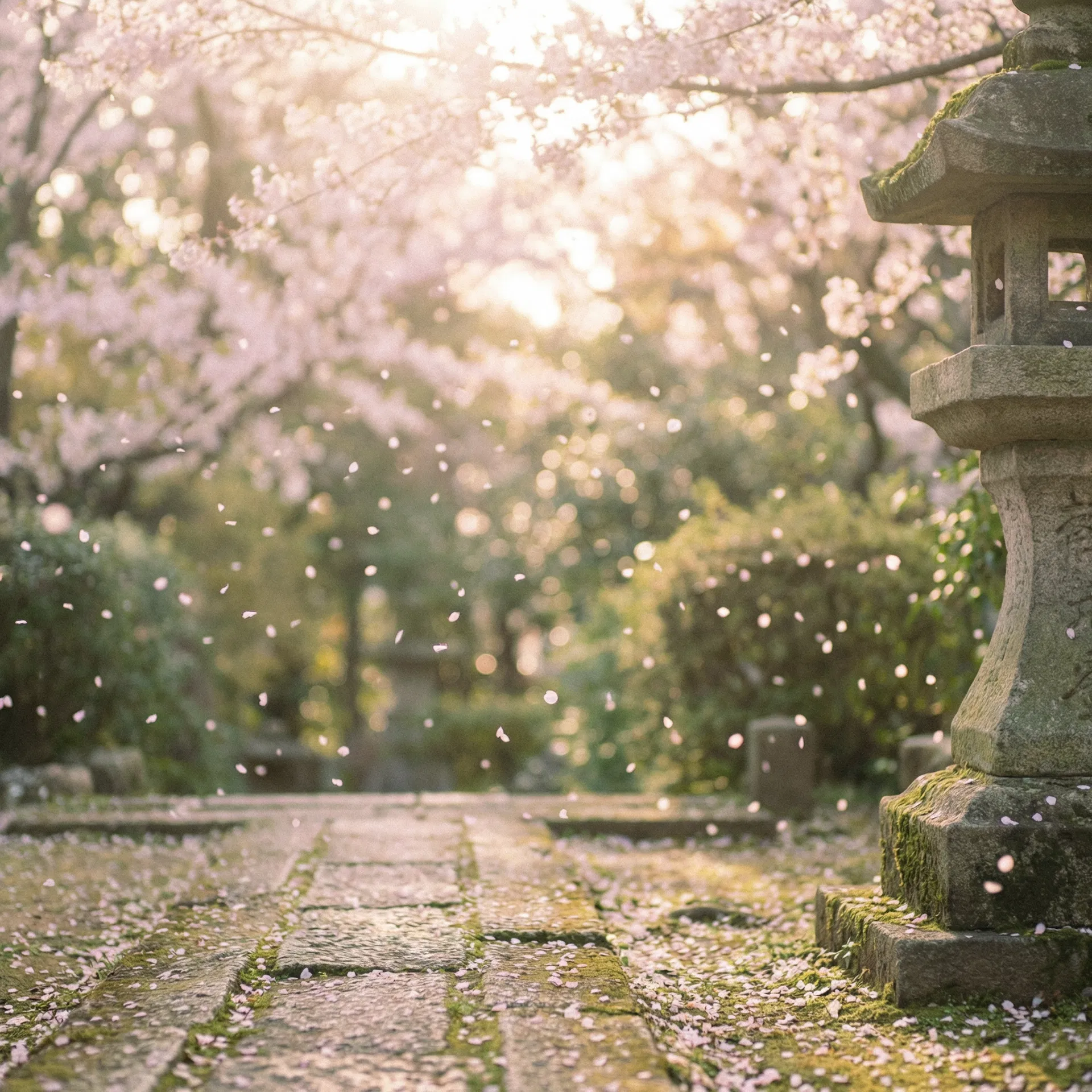 桜の花びらが舞う日本庭園の春景色