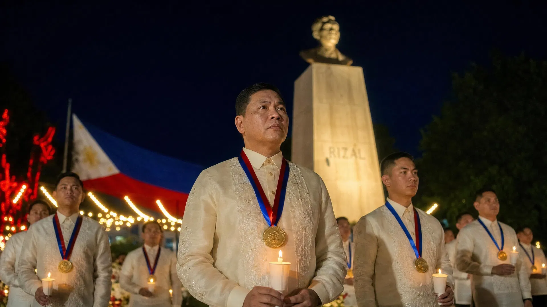 Knights of Rizal in Barong Tagalog at a formal ceremony with Philippine flag