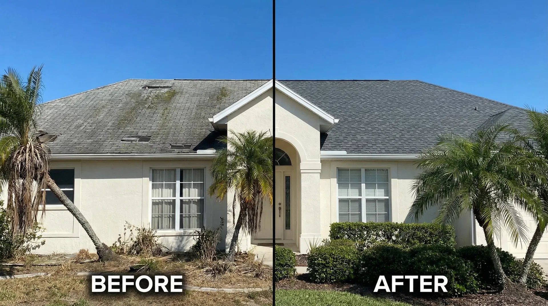 Before and after comparison of a residential roof replacement in Central Florida