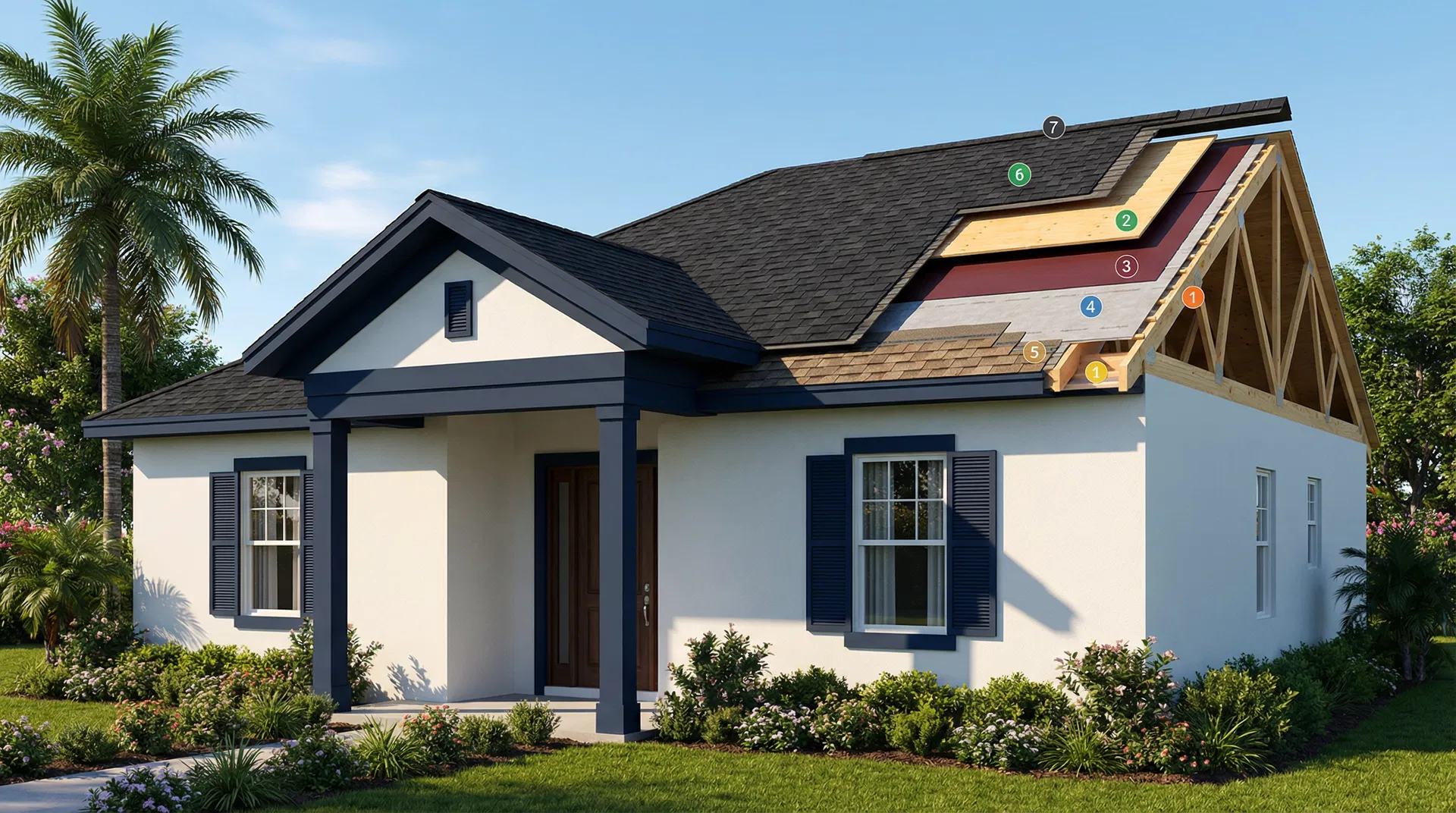 Florida residential home showing 7-layer roofing system cutaway with wood framing — Alron Construction
