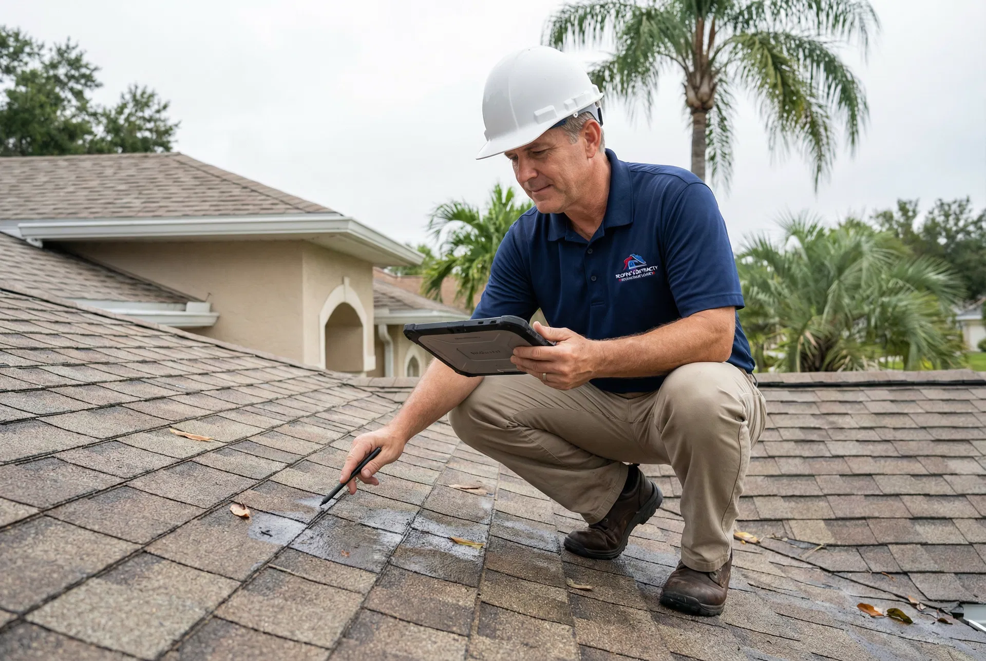 Licensed Alron inspector documenting roof damage findings