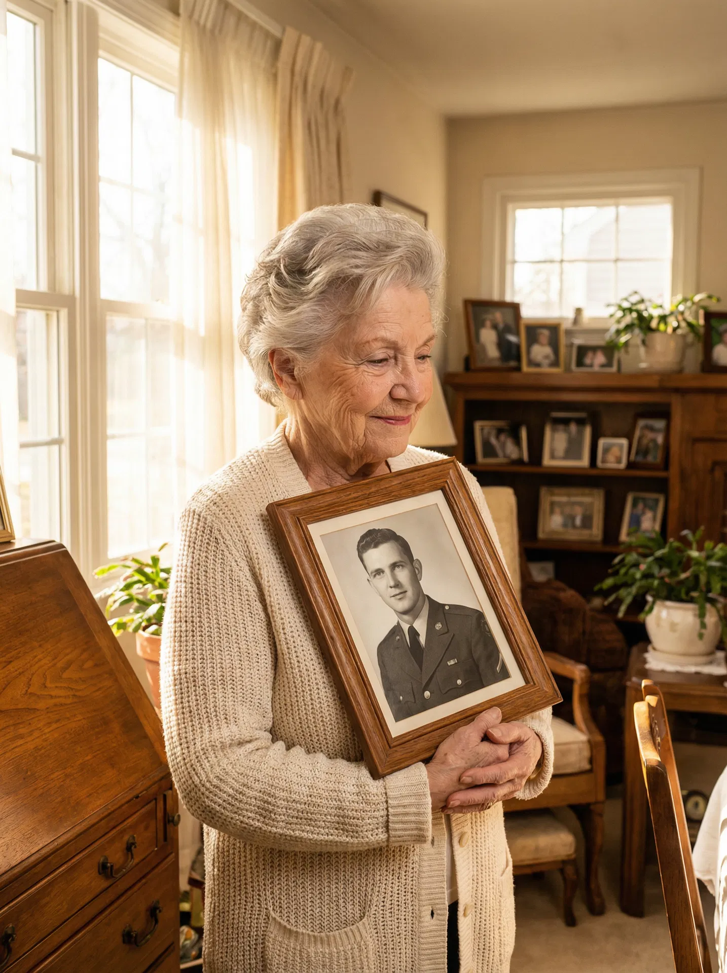 Widow with family photo