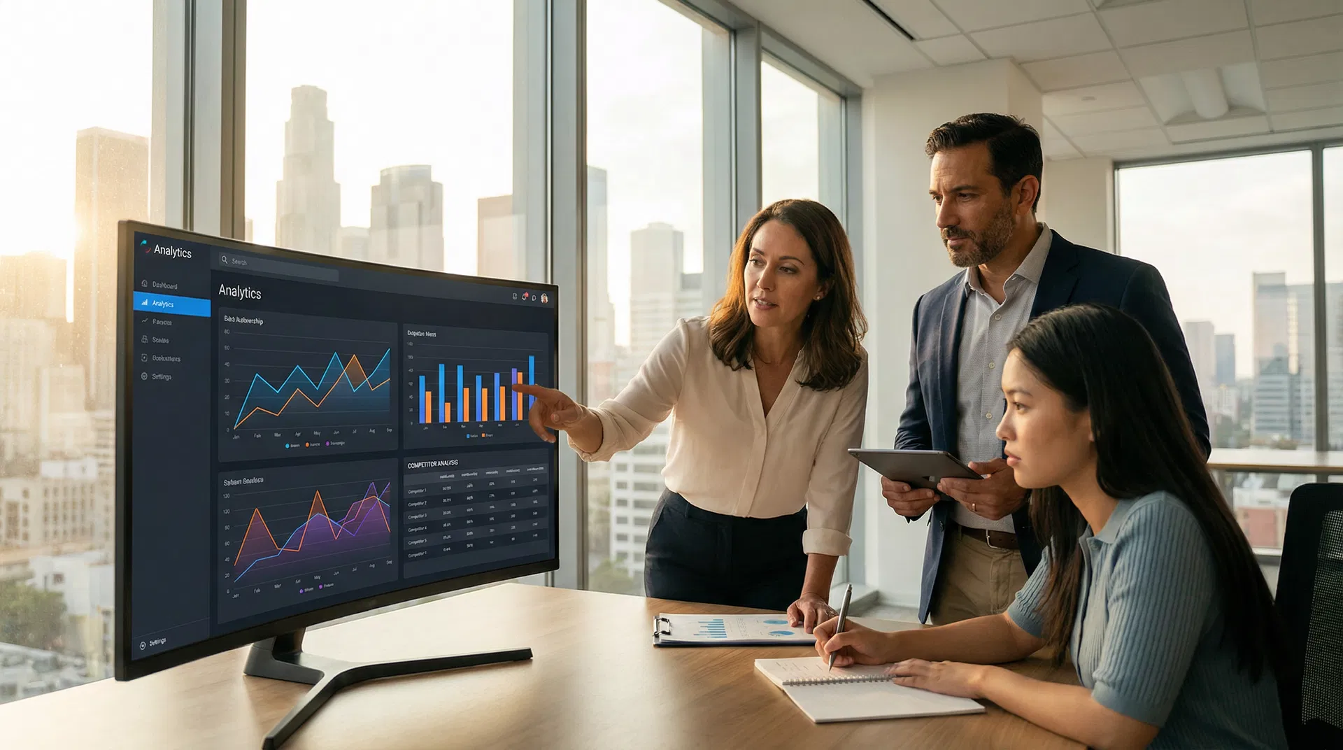 Team analyzing competitor data on large monitor