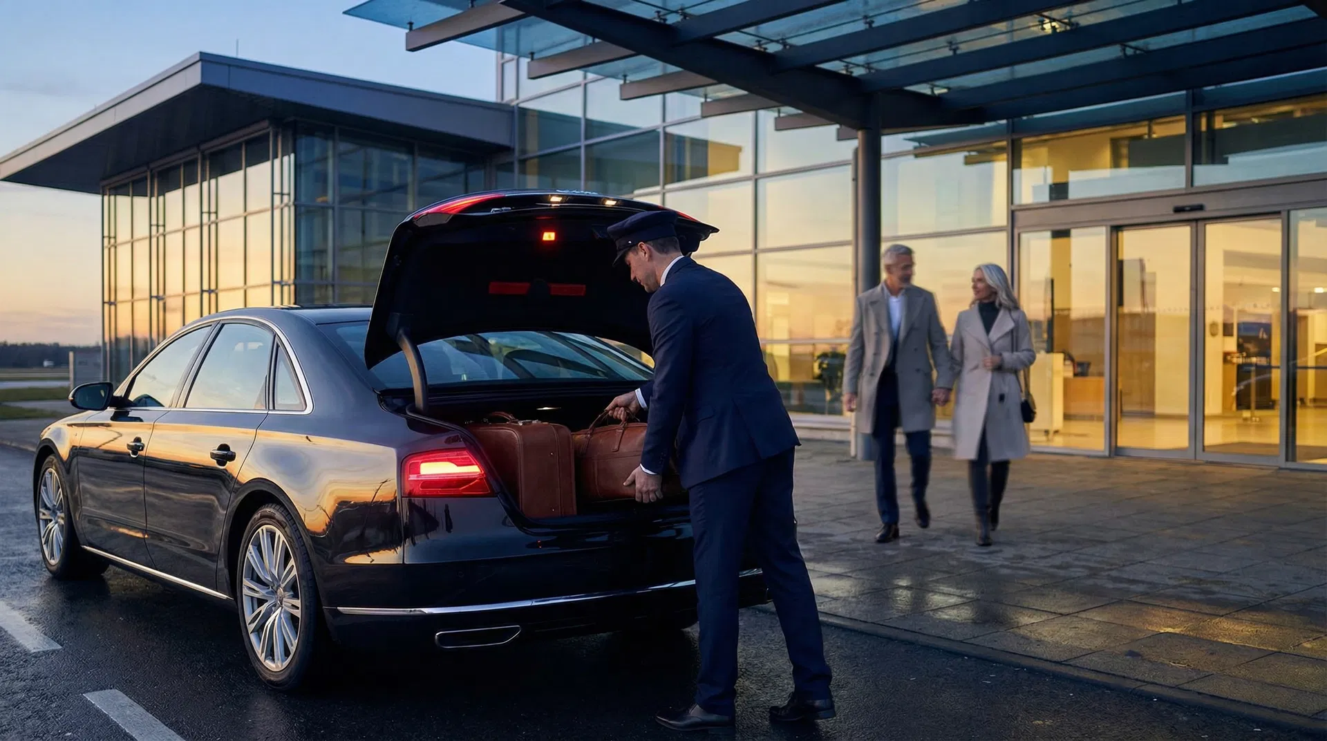 Professional chauffeur loading luggage for senior couple at airport