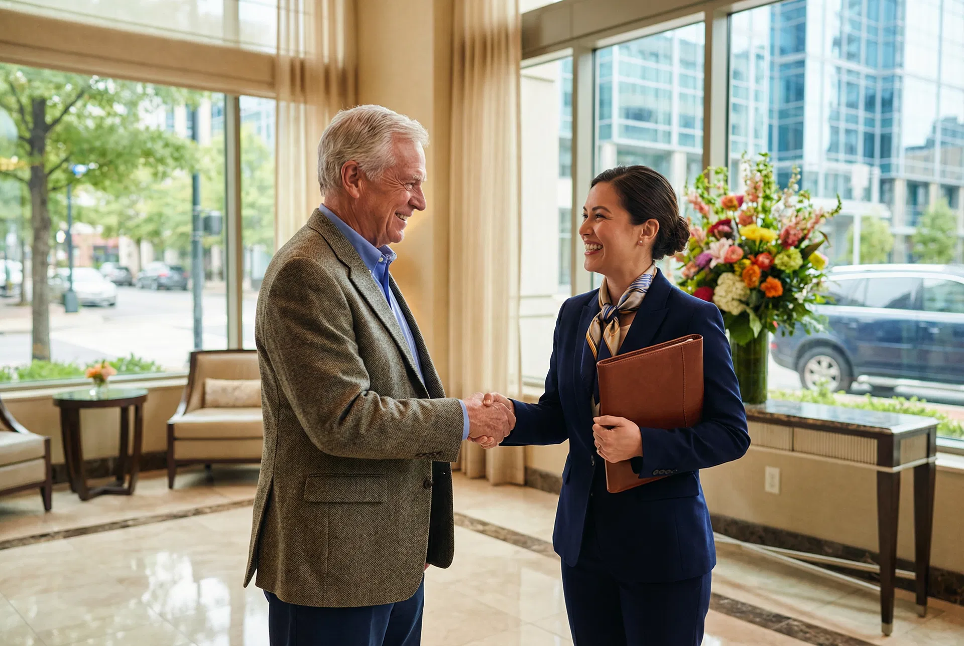 Driven concierge coordinator greeting a senior client