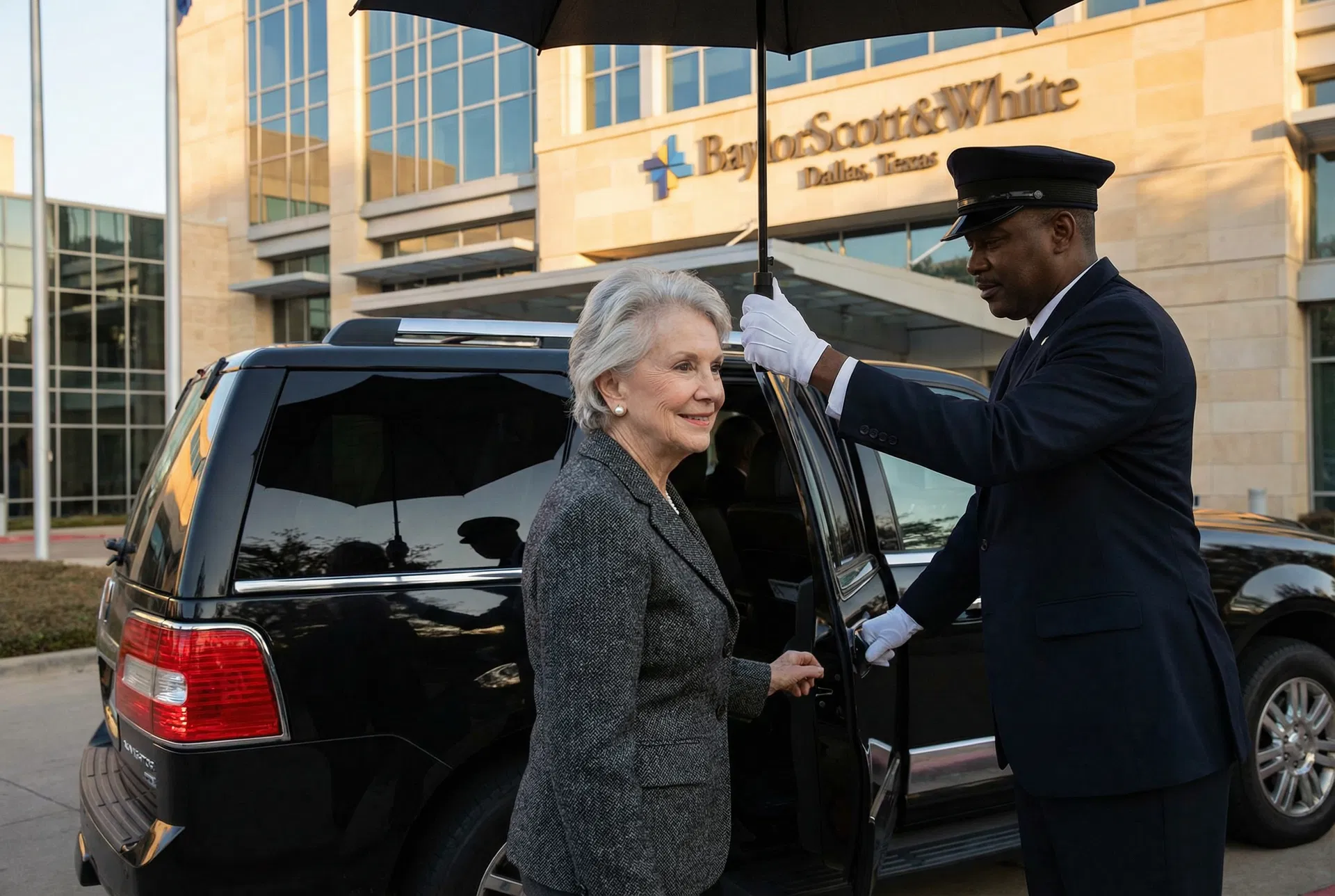 Professional driver assisting senior woman at medical center