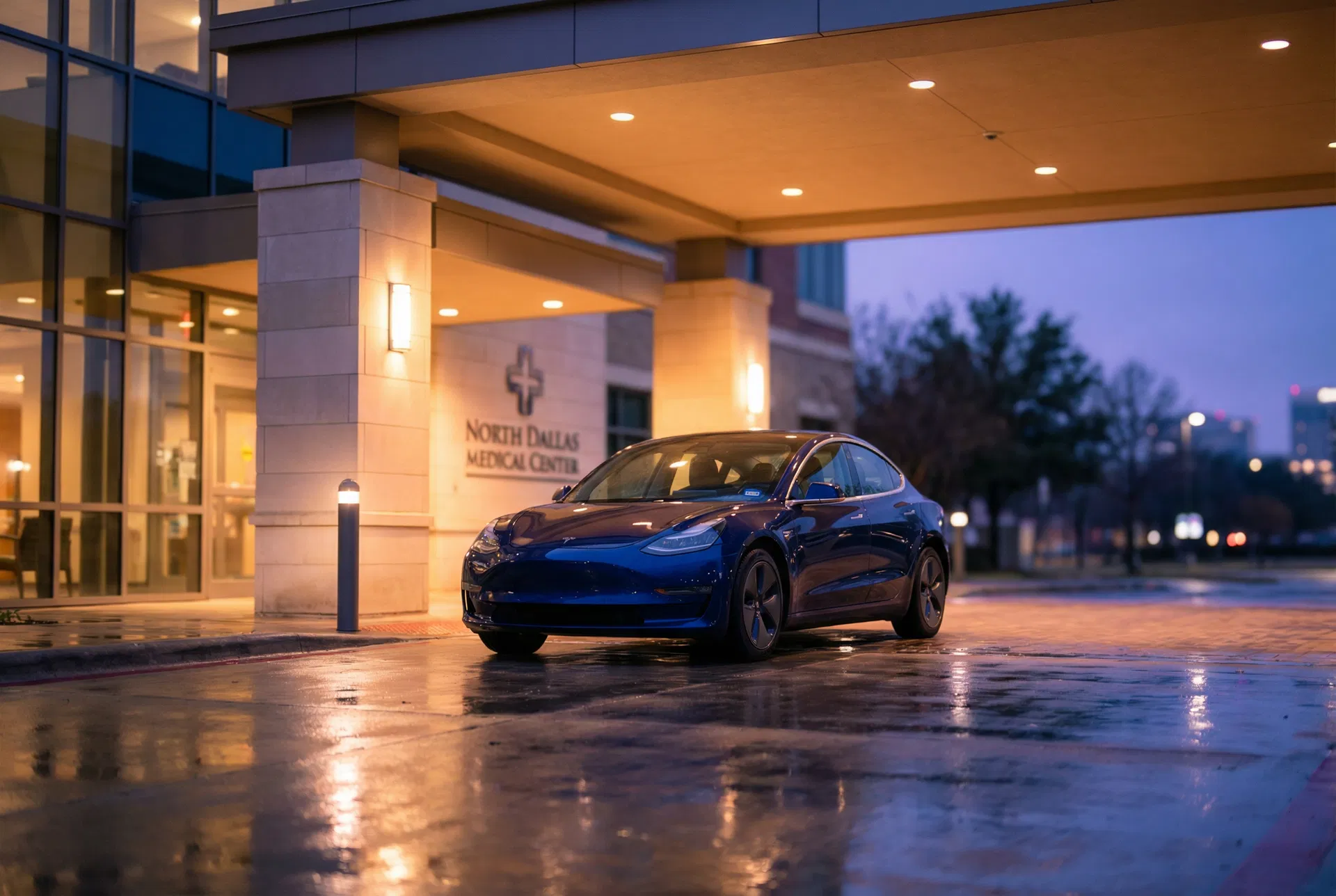 Professional driver assisting senior woman at medical center