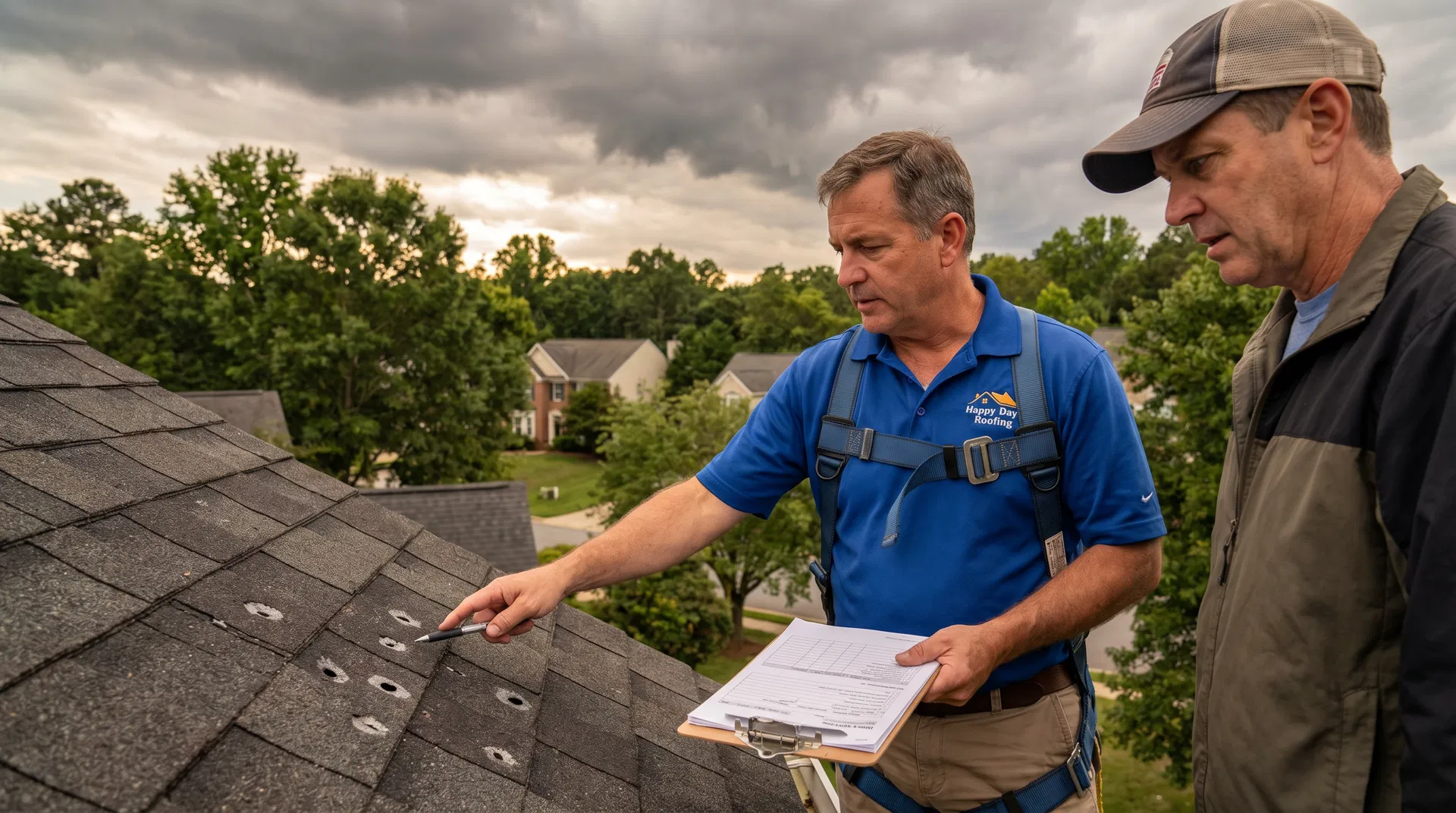 Happy Days Roofing contractor showing homeowner hail damage on roof with storm clouds in background