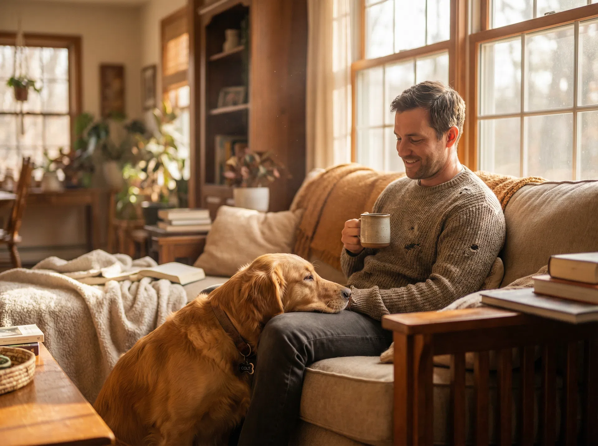 Colt the golden retriever with his owner
