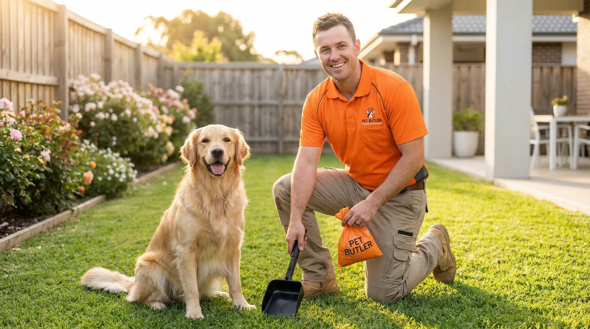 Doody Duty technician with golden retriever