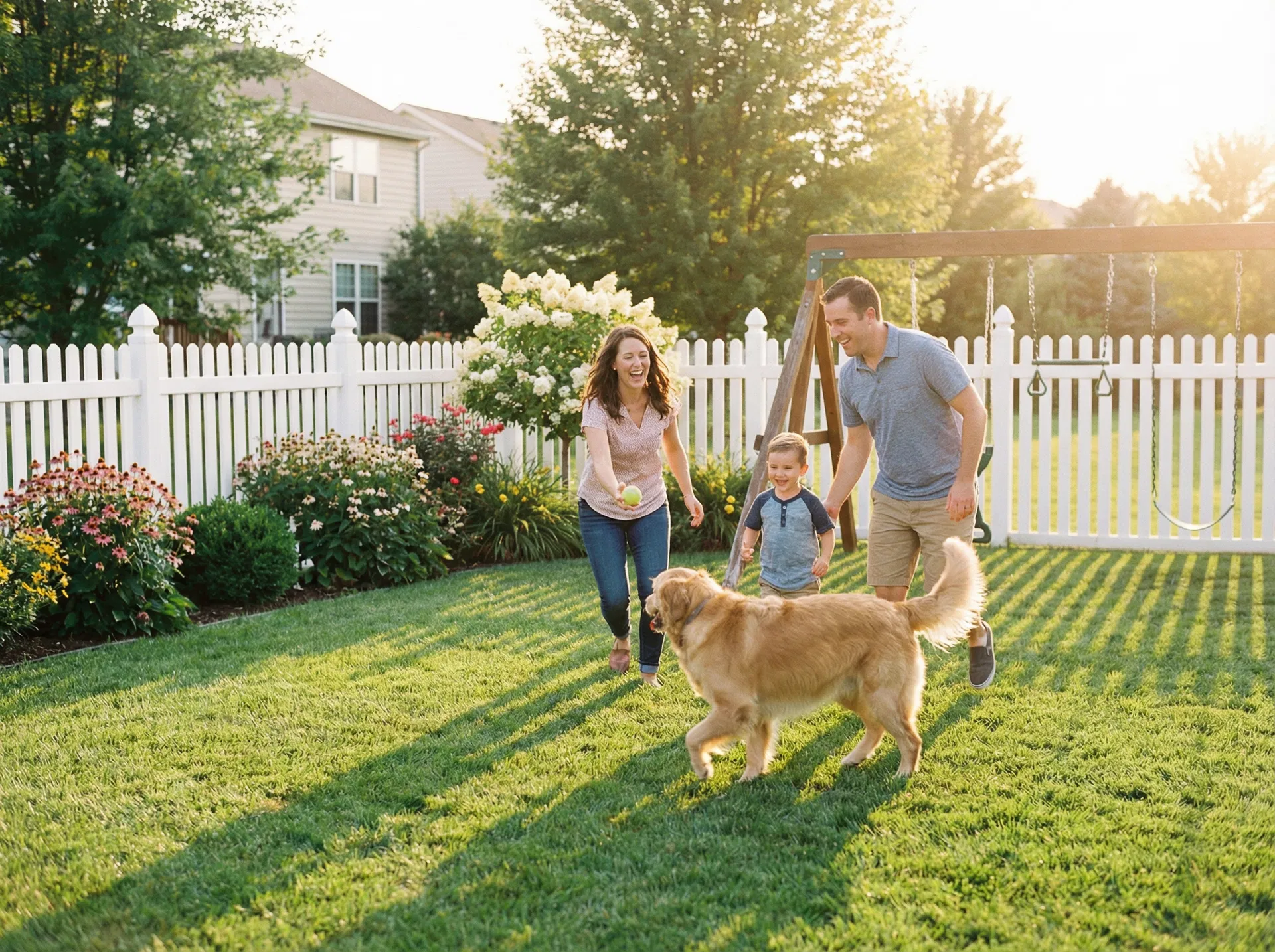 Happy family with dog in clean backyard