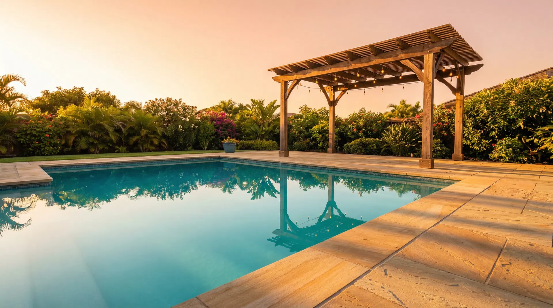 Crystal clear swimming pool at golden hour