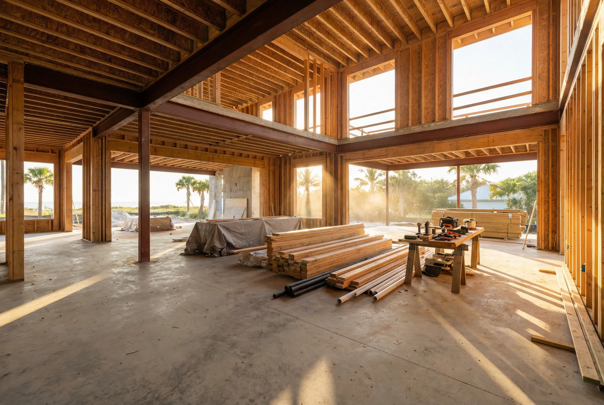 Empty shell with structural framing — no finishes, no fixtures