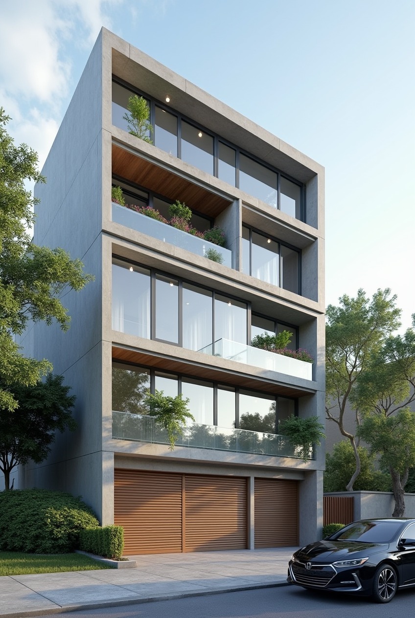 Nhà phố 4 tầng với khung bê tông vuông vắn hiện đại, hệ cửa kính toàn tầng tối đa ánh sáng tự nhiên, ban công trồng hoa và cửa garage gỗ nâu đôi.