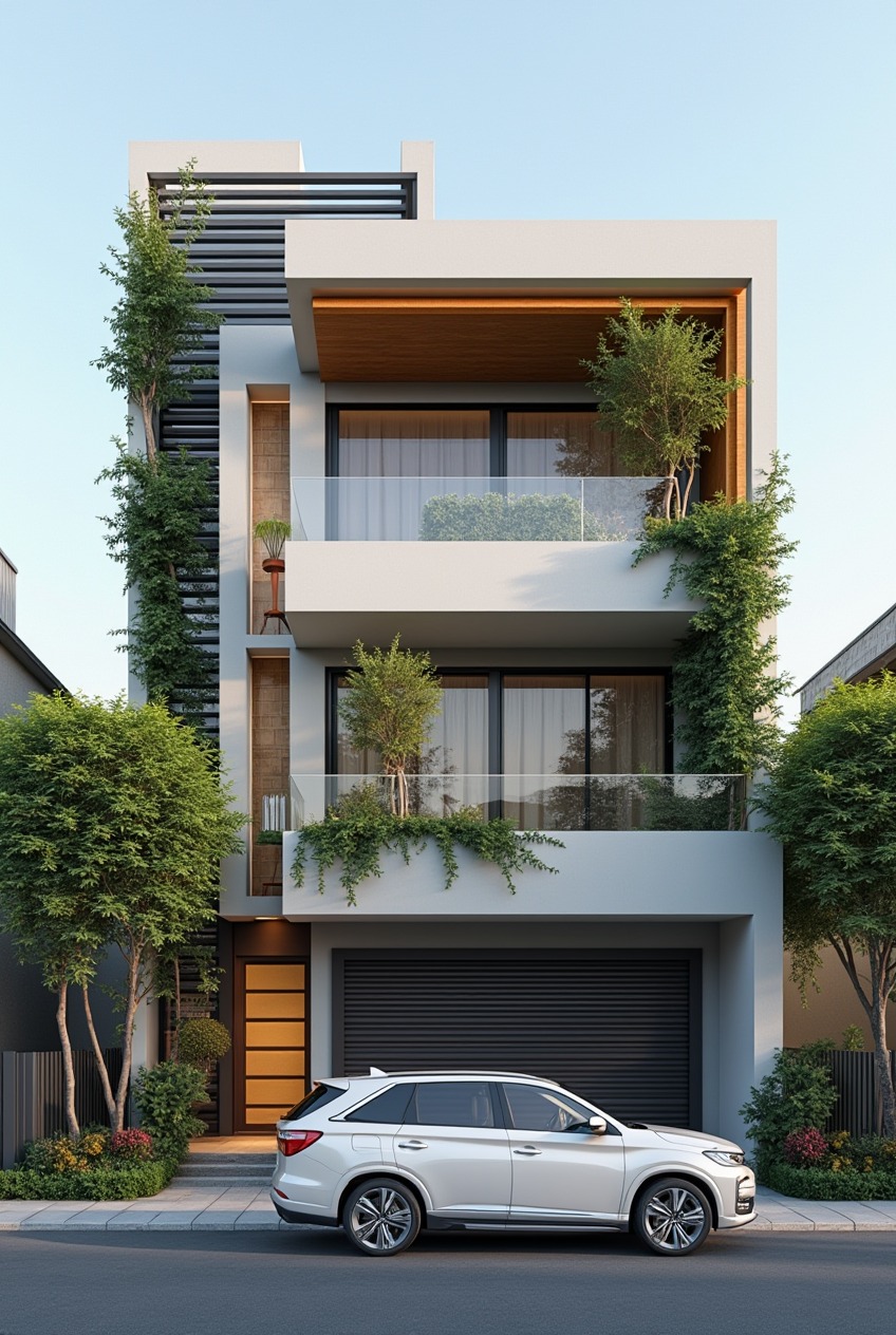 Nhà phố 3 tầng kết hợp tông trắng xám và mảng gỗ nâu ấm, cây xanh phủ ban công và cửa garage xám tối. Hài hòa giữa thiên nhiên và kiến trúc đô thị.