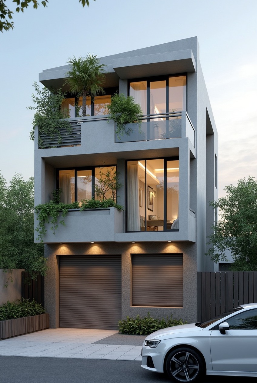 Nhà phố 3 tầng tông xám trắng với cây xanh treo ban công, hai cửa garage nâu và đèn chiếu sáng phía trên. Thiết kế thực dụng và thẩm mỹ.