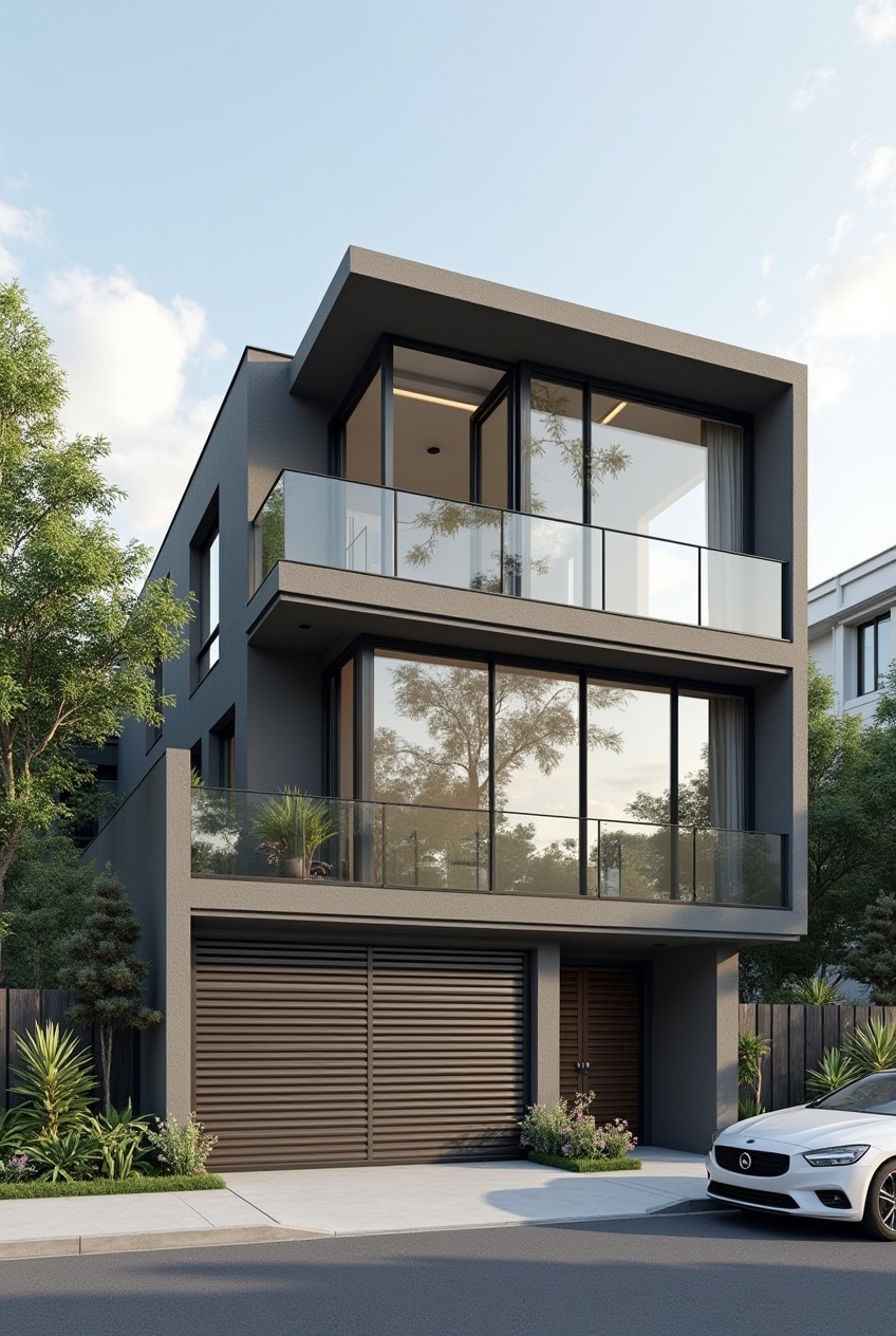 Nhà phố 3 tầng tông xám đậm tối giản, cửa kính khung đen lớn, ban công kính trong suốt và cửa garage gỗ kẻ ngang. Phong cách hiện đại tinh tế.