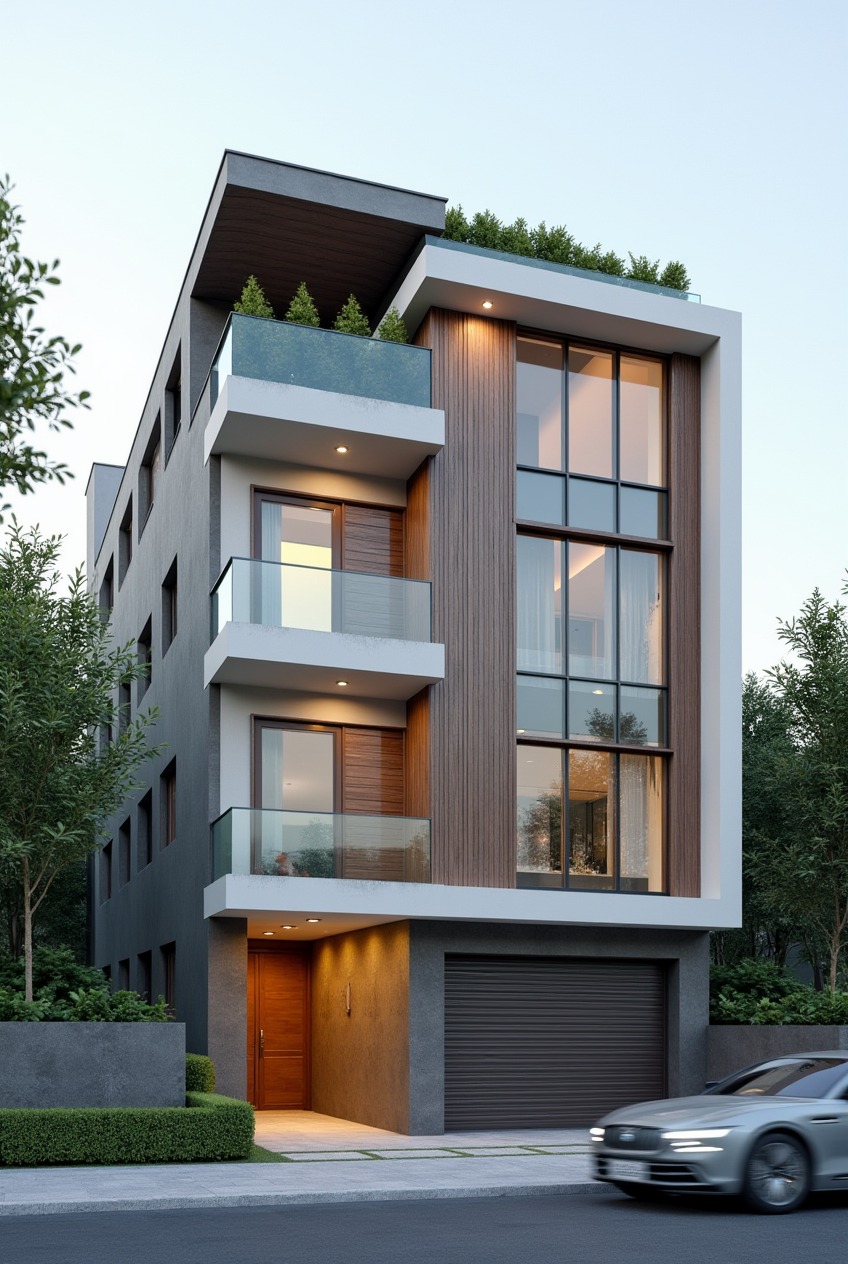 Nhà phố 4 tầng kết hợp bê tông xám và ốp gỗ dọc nâu ấm, cửa kính toàn chiều cao, sân thượng cây xanh và cửa gỗ vàng nổi bật.