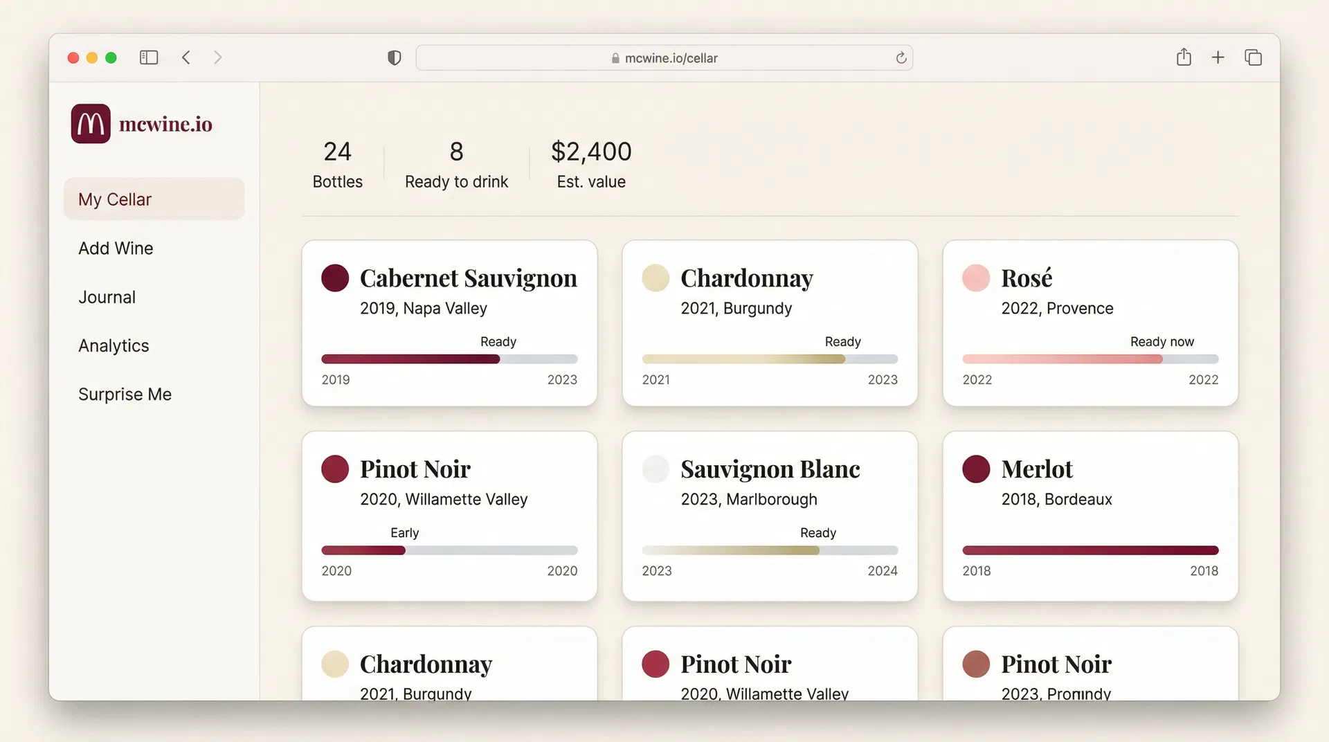 mcwine.io app screenshot showing the wine cellar view