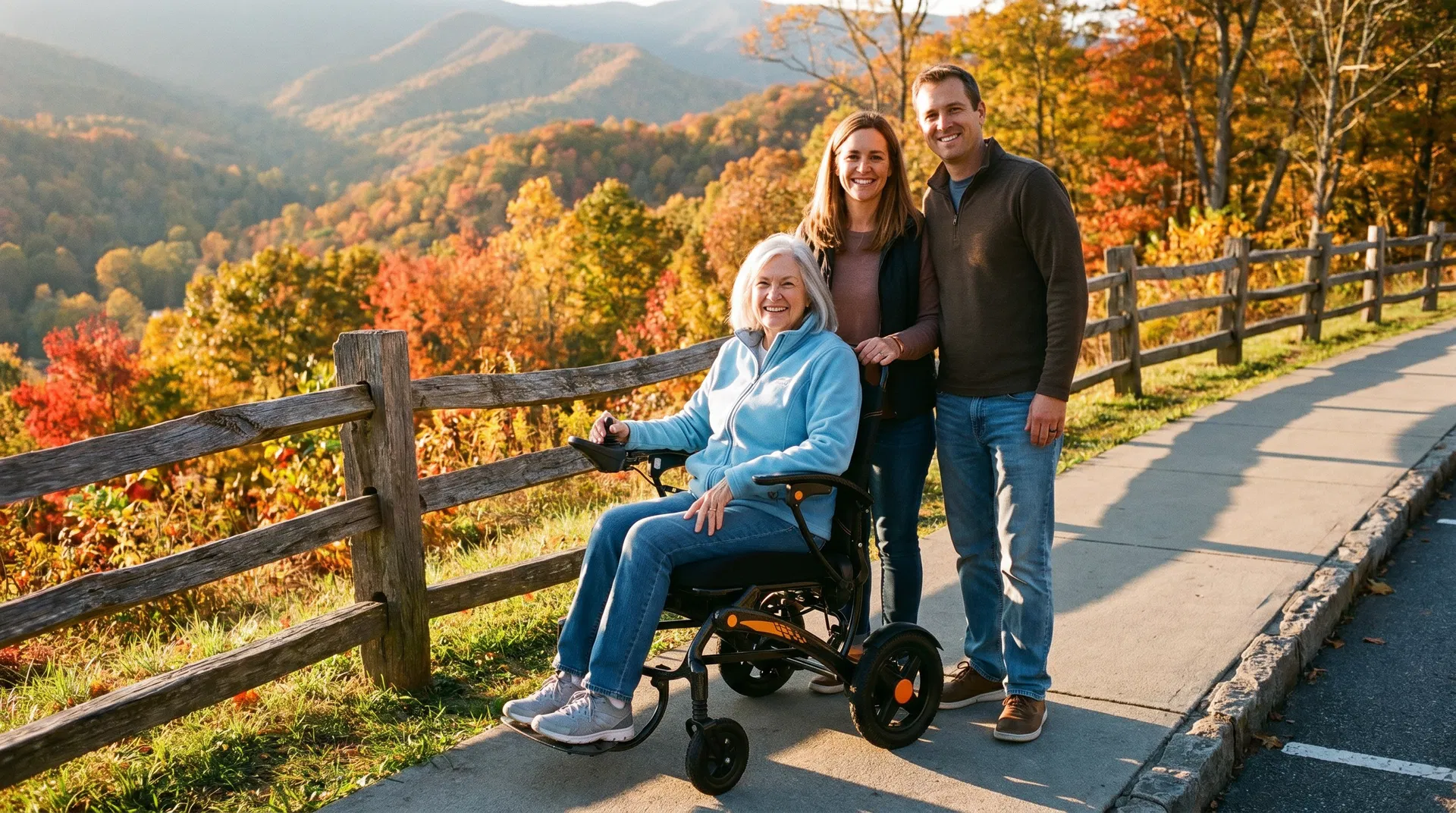 A senior American woman riding the KERDOM DX07 folding power wheelchair at a U.S. national park overlook in autumn, with her adult daughter and son beside her