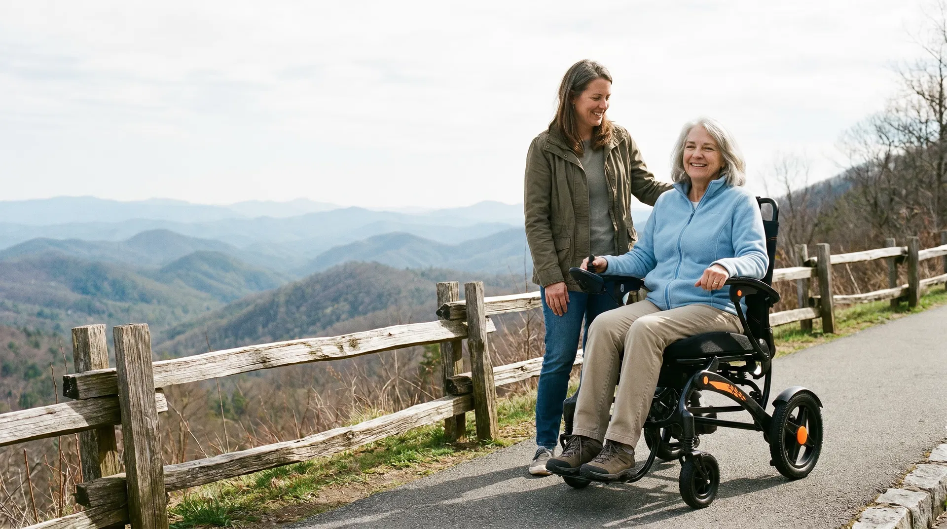 A senior American woman riding the KERDOM DX07 folding carbon-fiber travel power wheelchair on a national park overlook trail with her adult daughter standing beside her