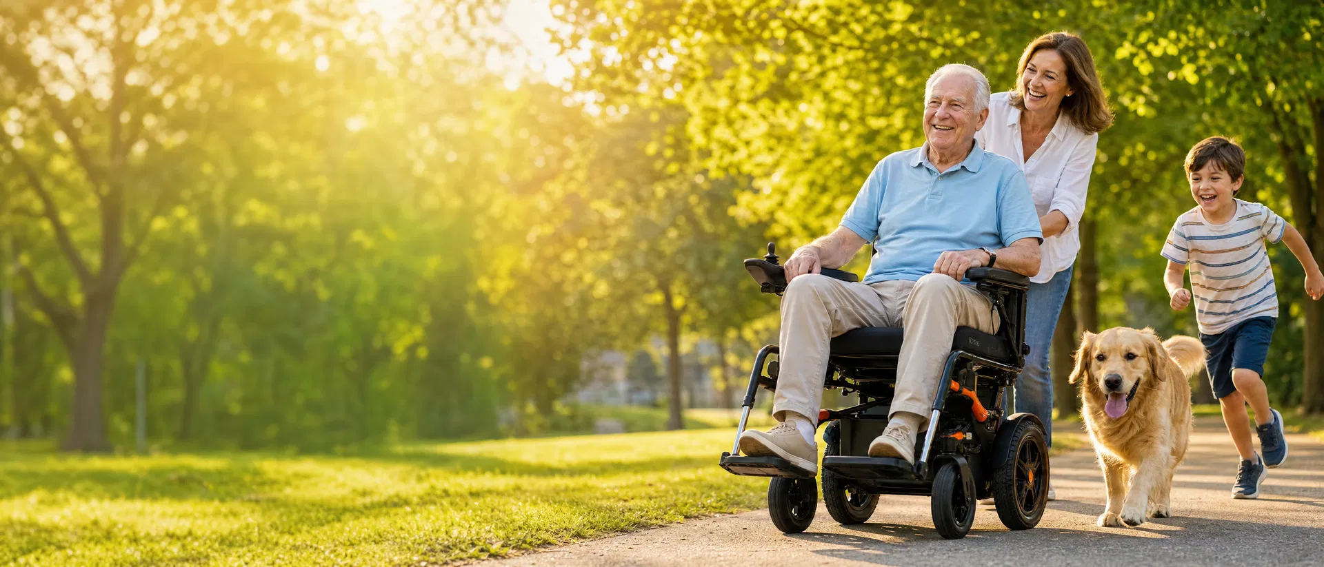 A family enjoying a sunny park walk with a senior using the Kerdom folding power wheelchair, a child and a golden retriever running alongside