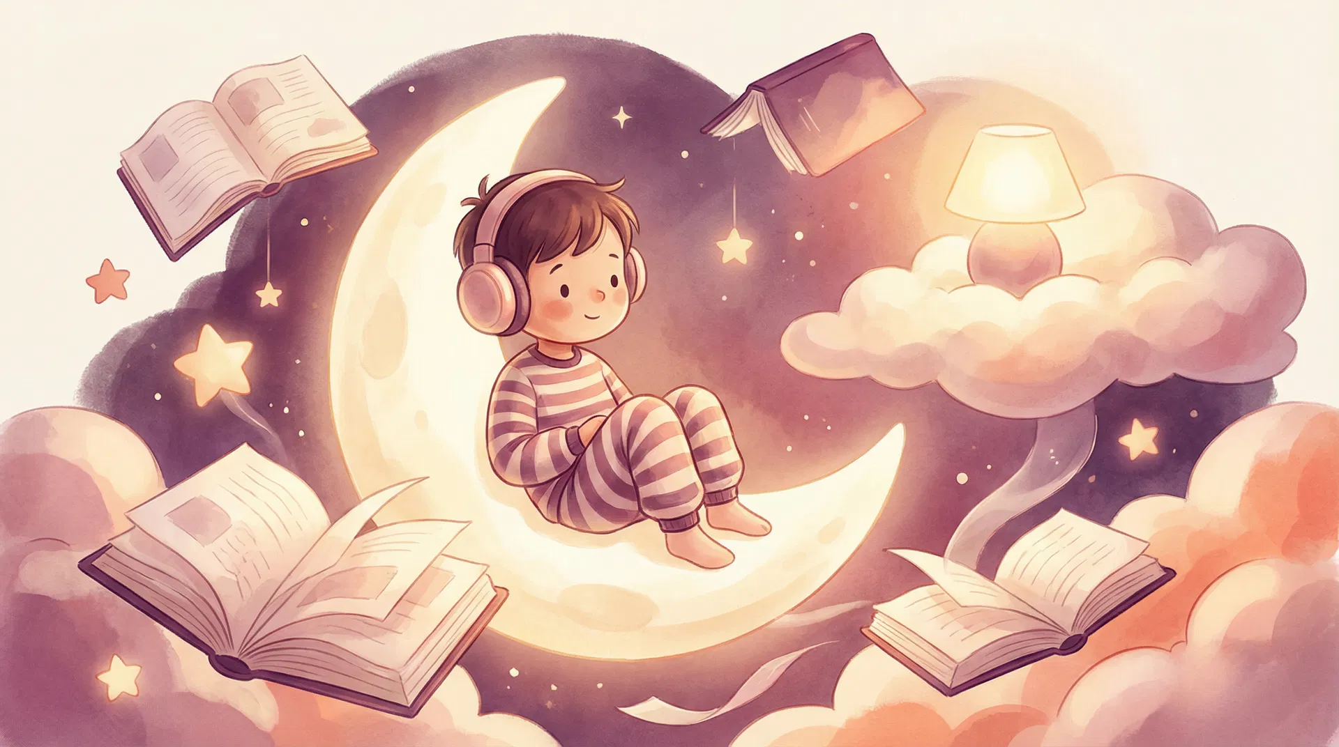 Child listening to bedtime stories on a crescent moon