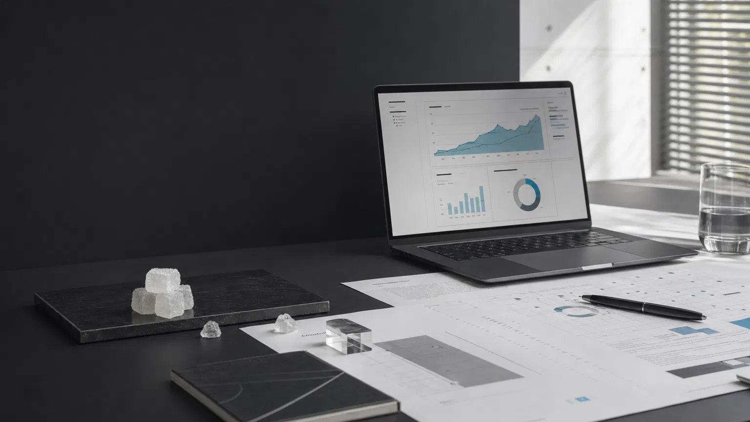 広告分析資料とノートパソコンを配置した編集的なワークスペース