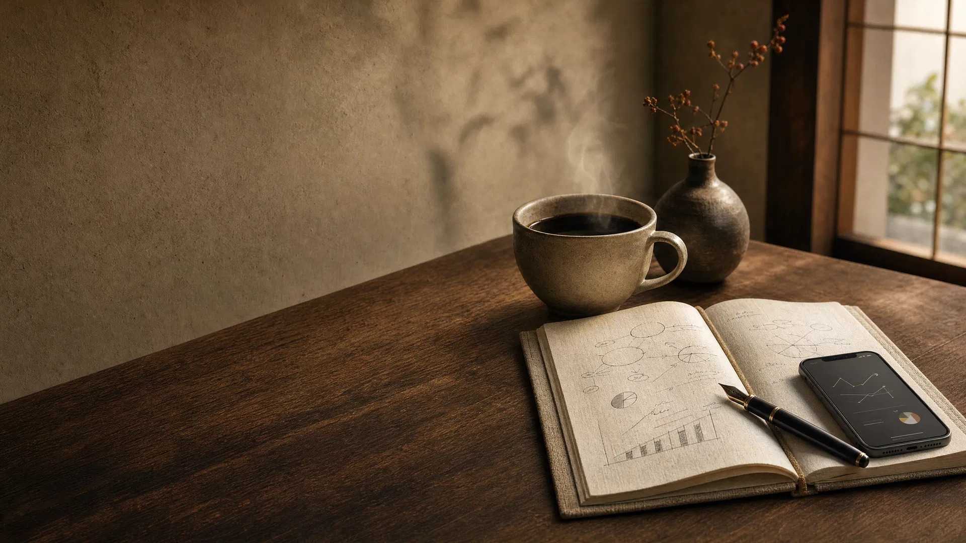 コーヒーと戦略ノートのある落ち着いたカフェテーブル