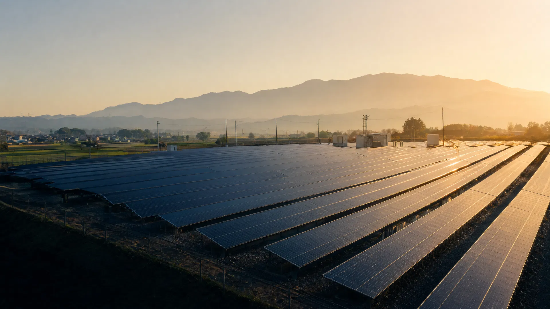 朝日に照らされた太陽光発電所