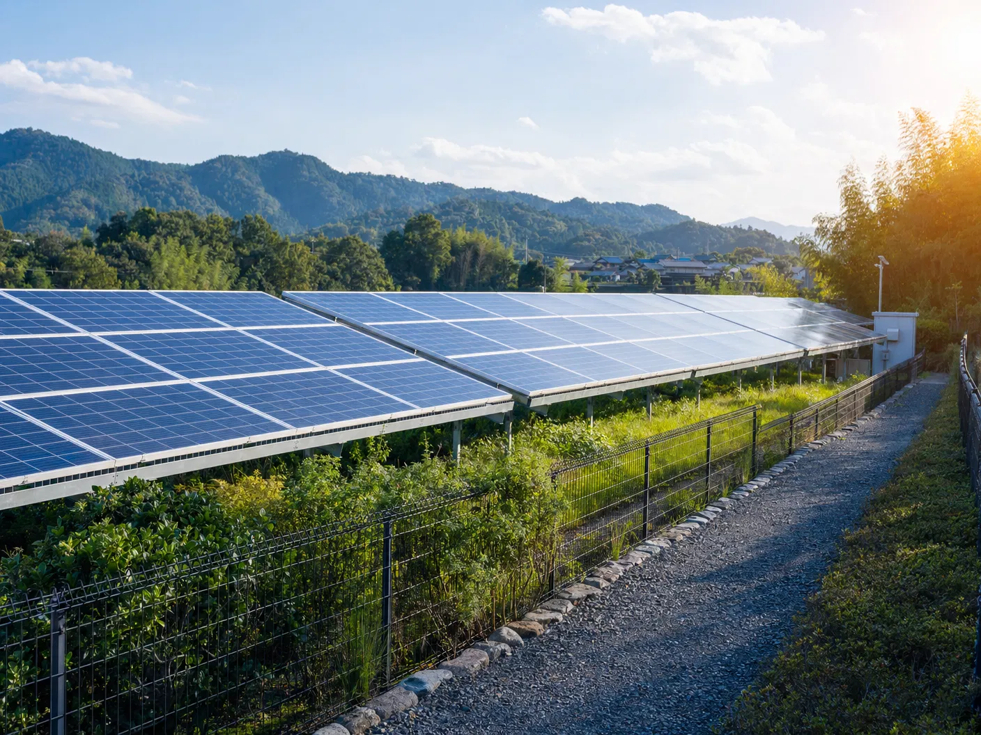 緑地と調和した小規模太陽光発電設備