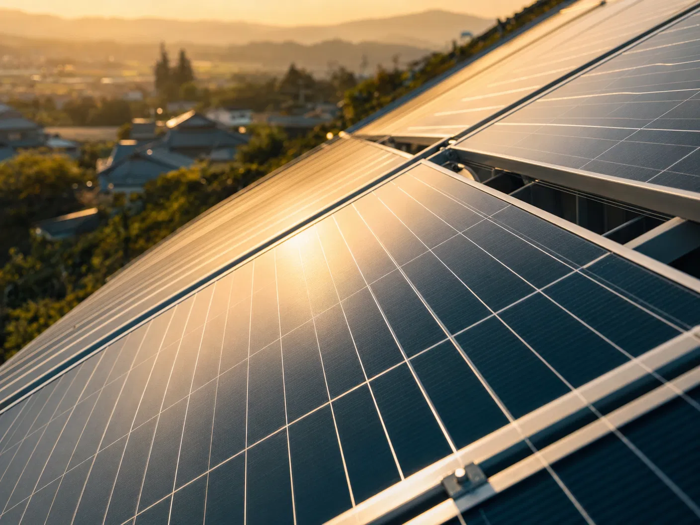 夕陽を反射する太陽光パネルの近景