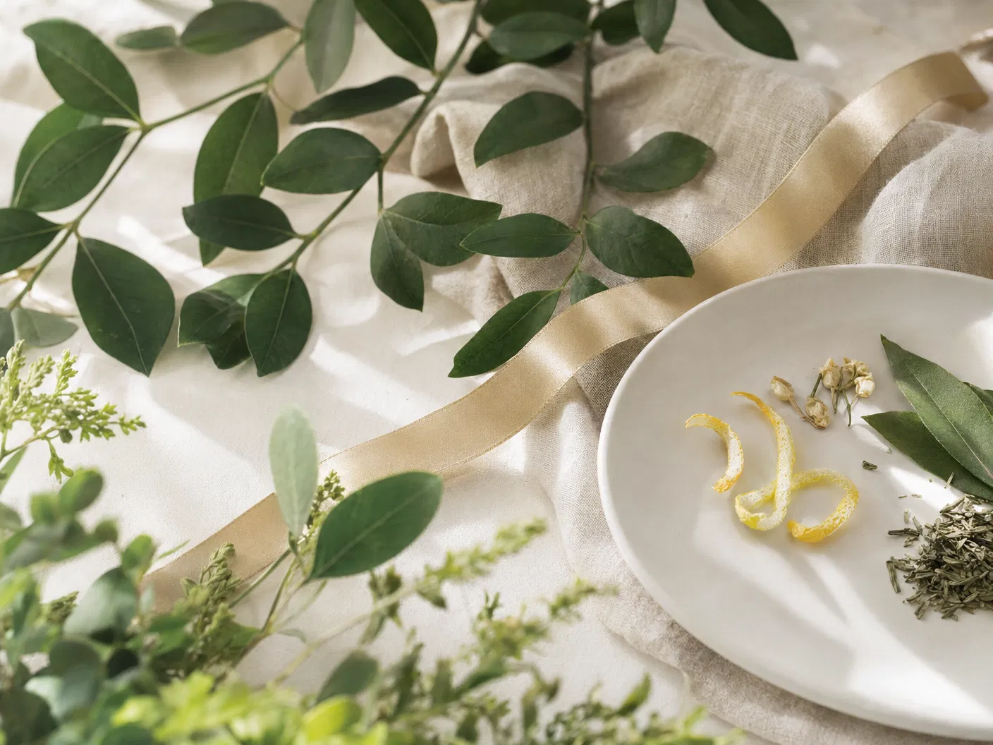 植物とリボンを添えた穏やかなウェルネスイメージ