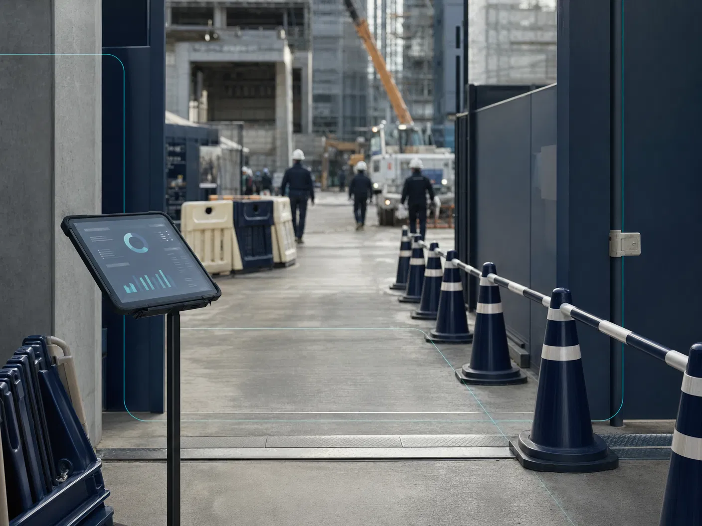 現場管理のためのタブレットと整然とした現場入口