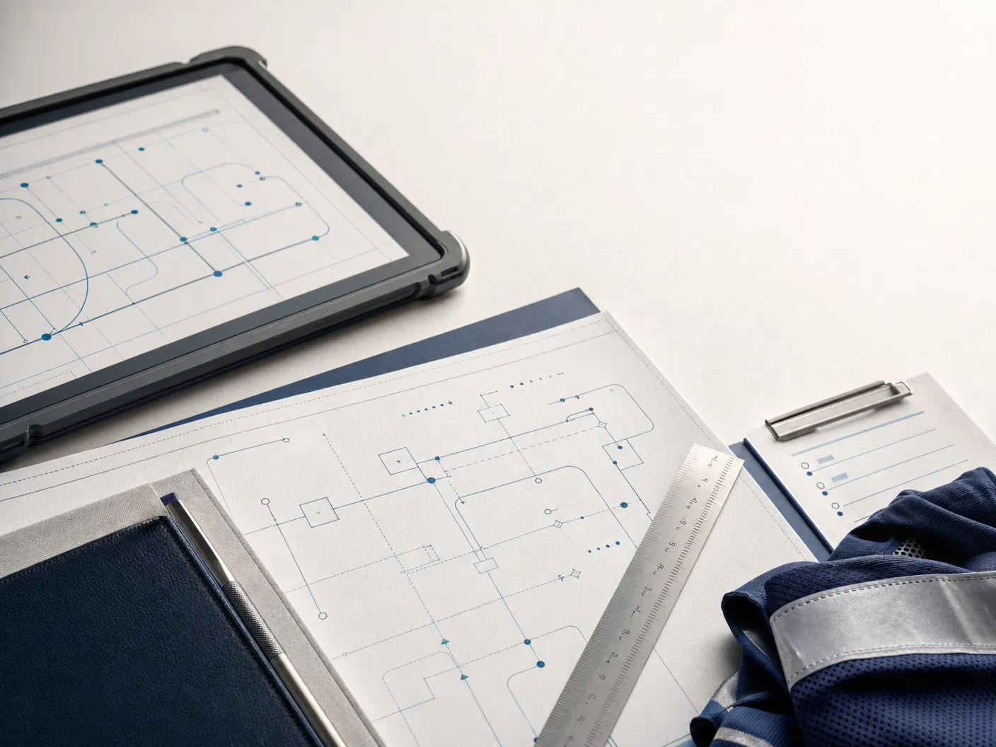 運用フローの設計を想起させる図面とタブレット
