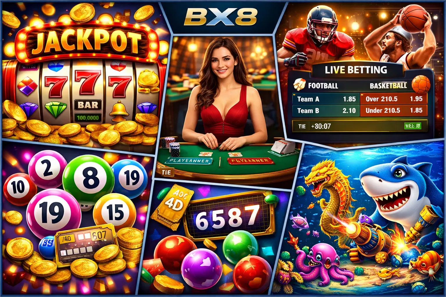 BX8 game selection: slots, live casino, sports betting, 4D lottery, and more