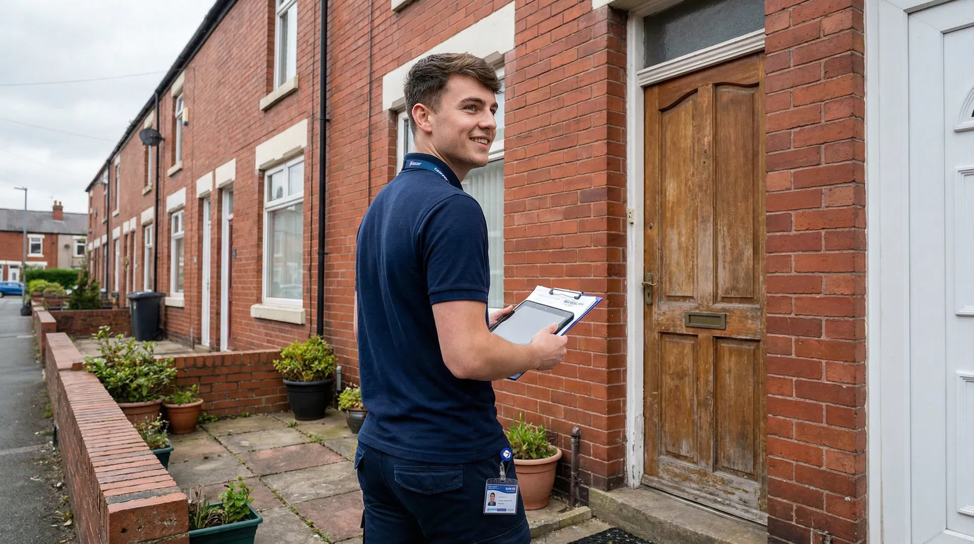 Brand Ambassador approaching a front door on a UK street