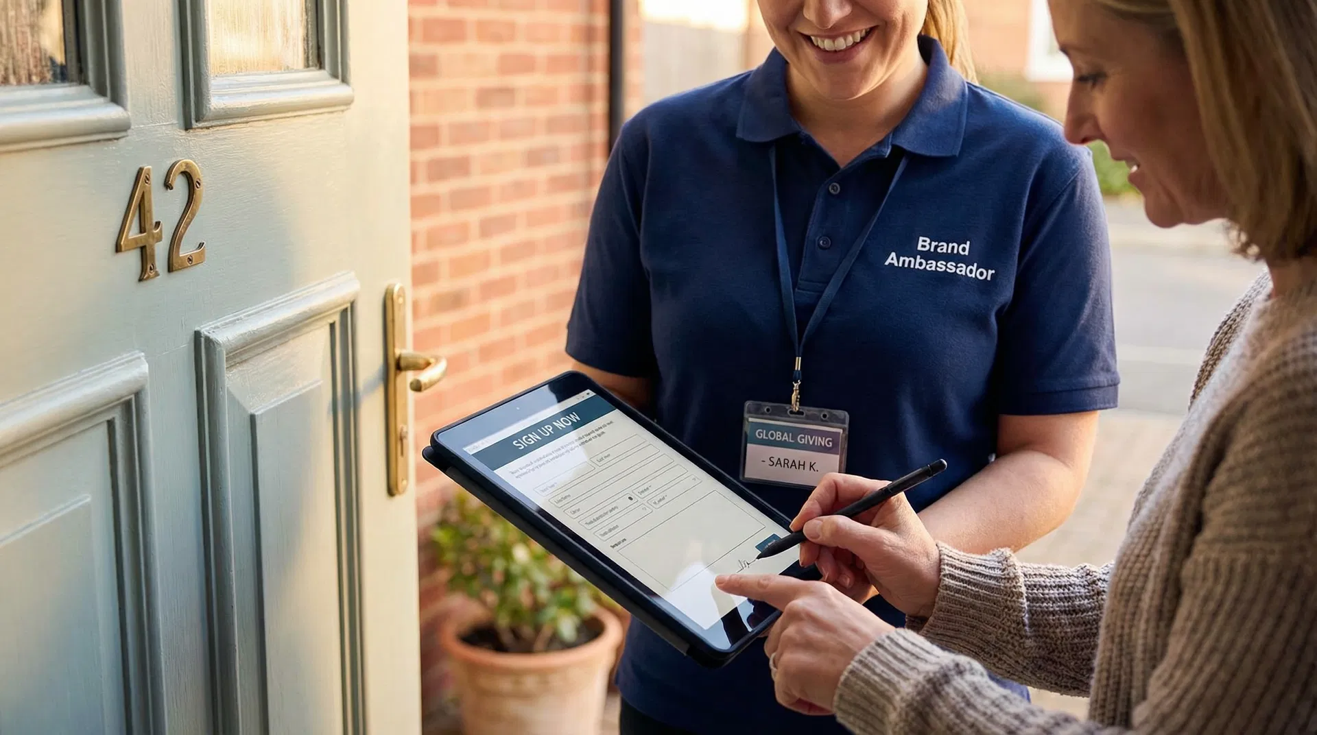 Homeowner signing up on tablet at front door