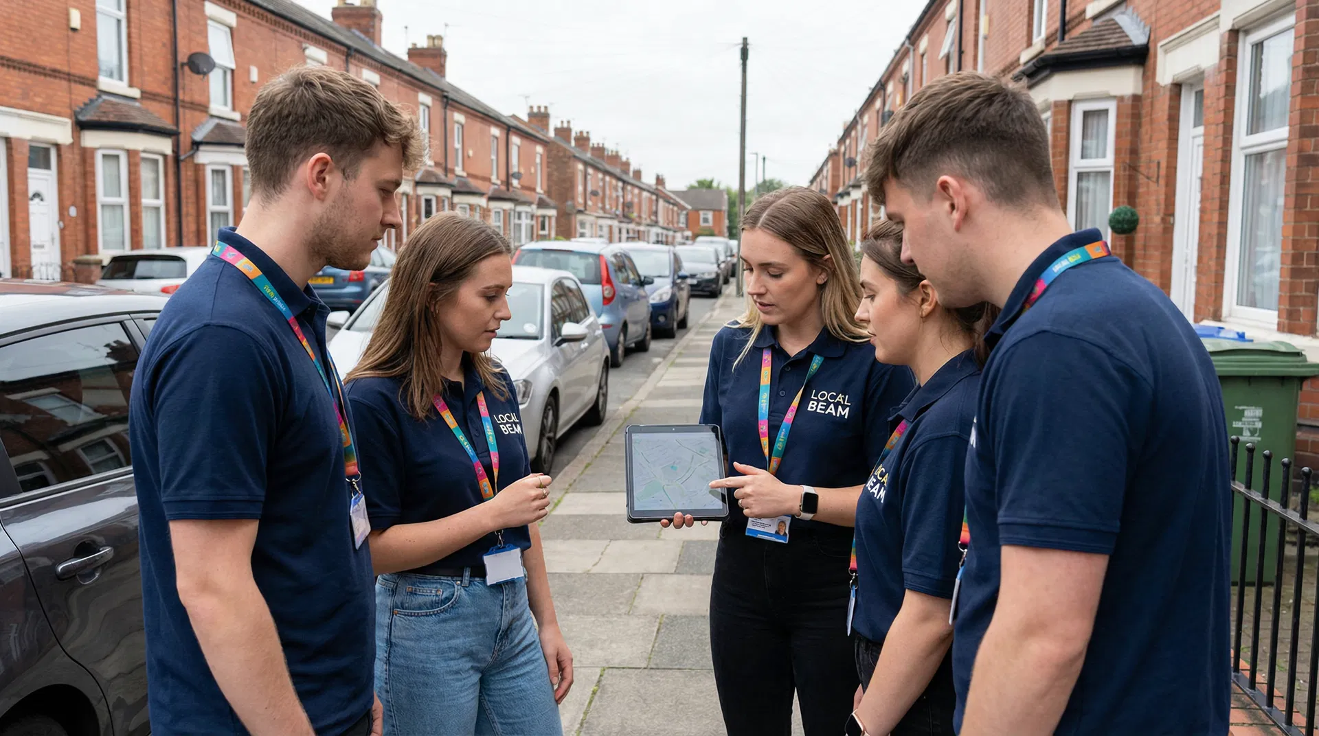 Team briefing on the street before door-to-door