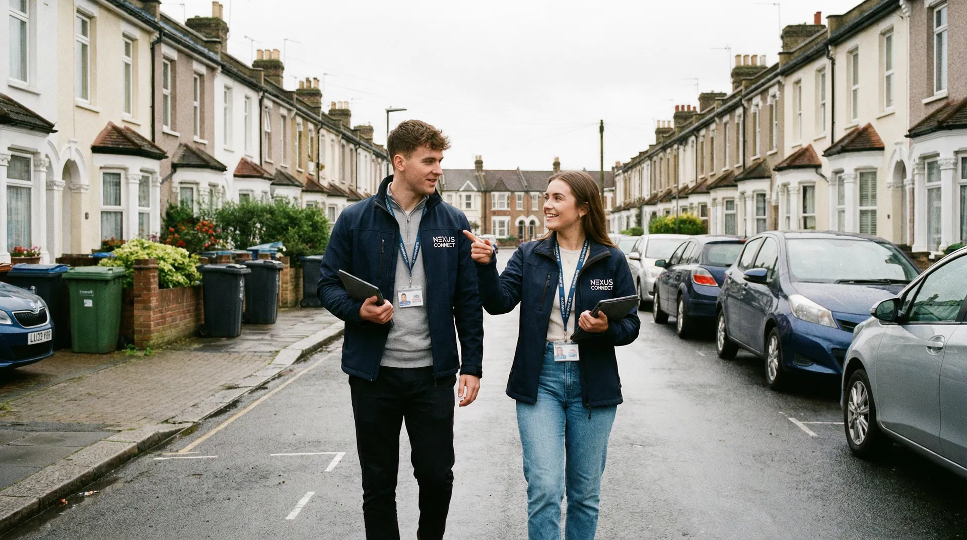 Two Brand Ambassadors walking a residential street