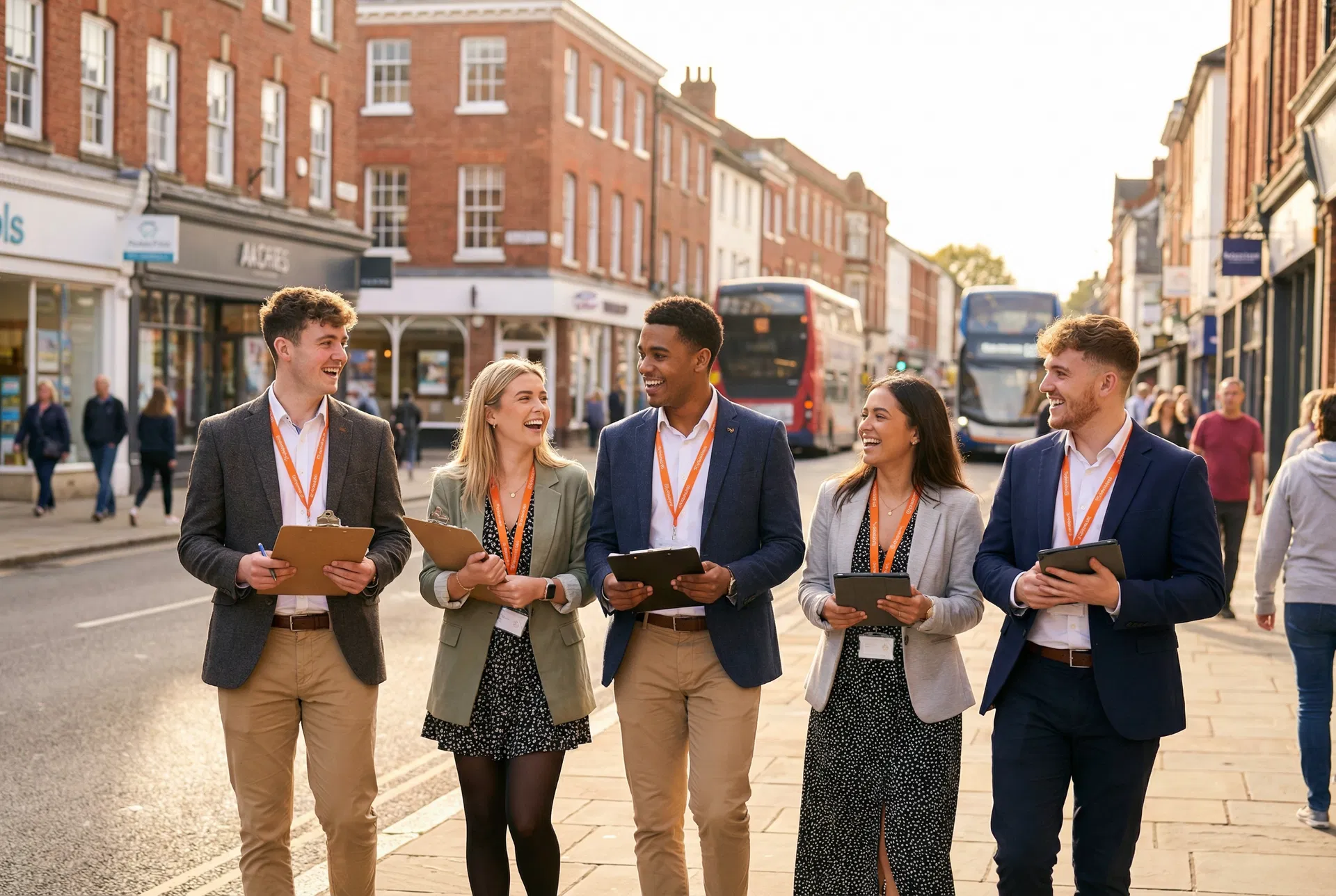 Team walking through UK high street