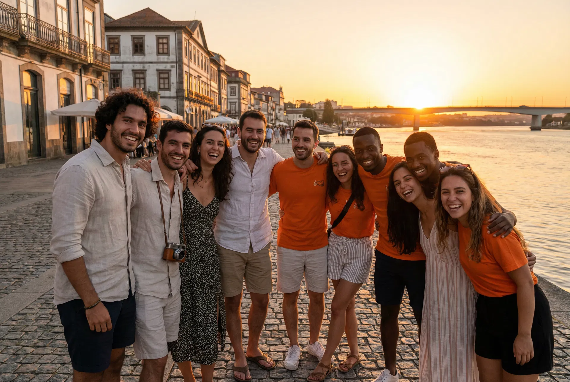 Team group photo at sunset waterfront
