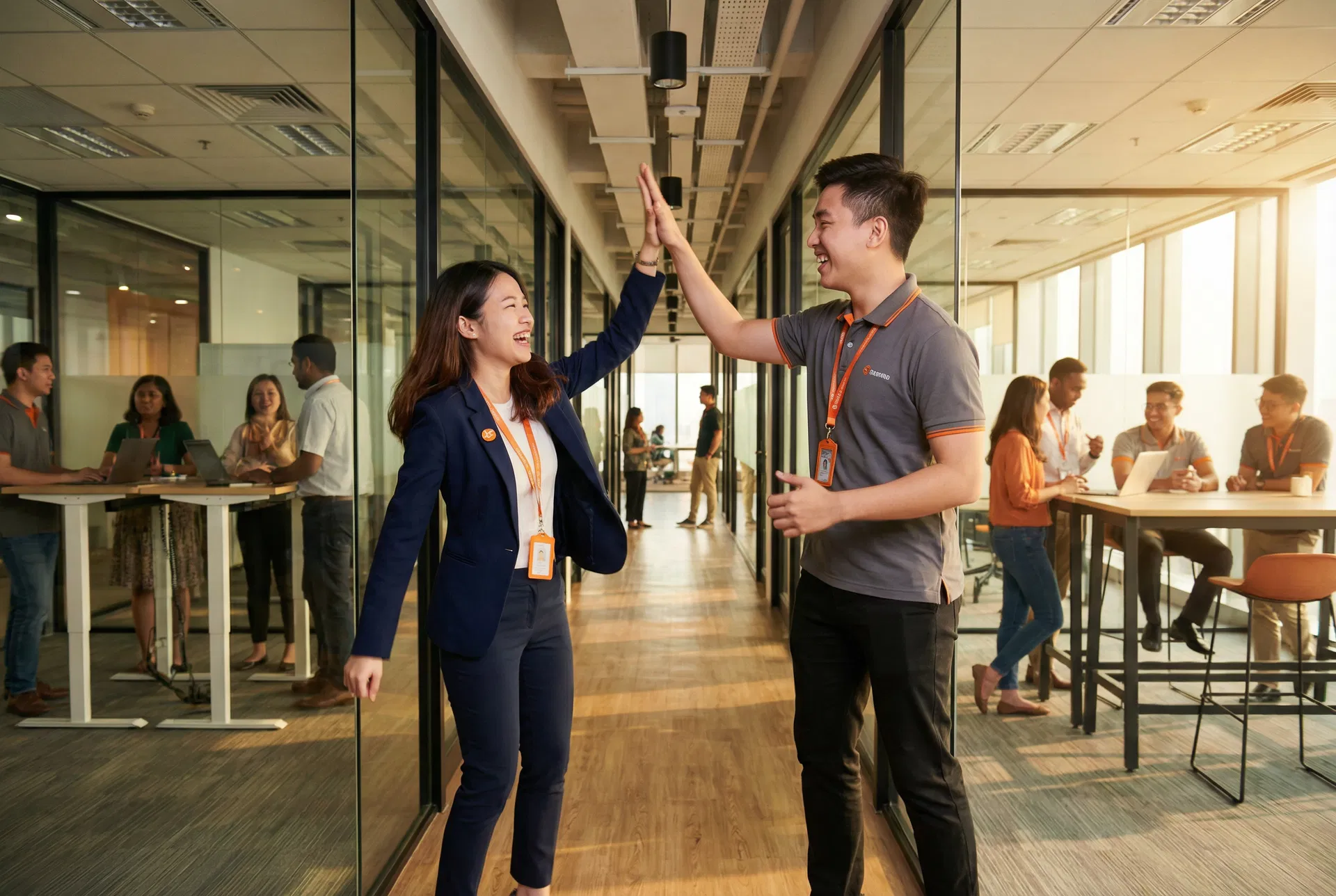 Team high-five in office hallway