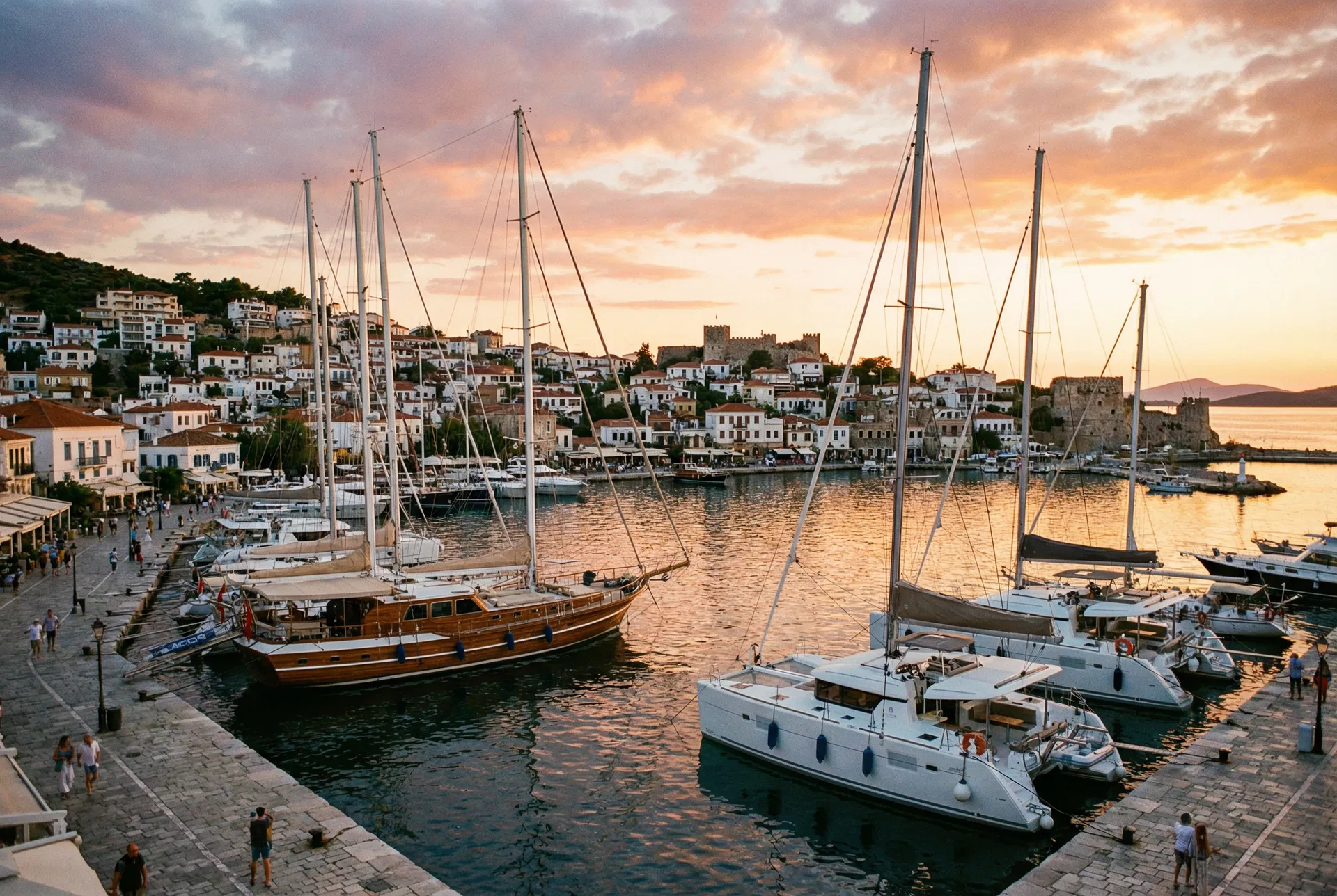 Mediterranean marina at sunset with sailing yachts and catamarans