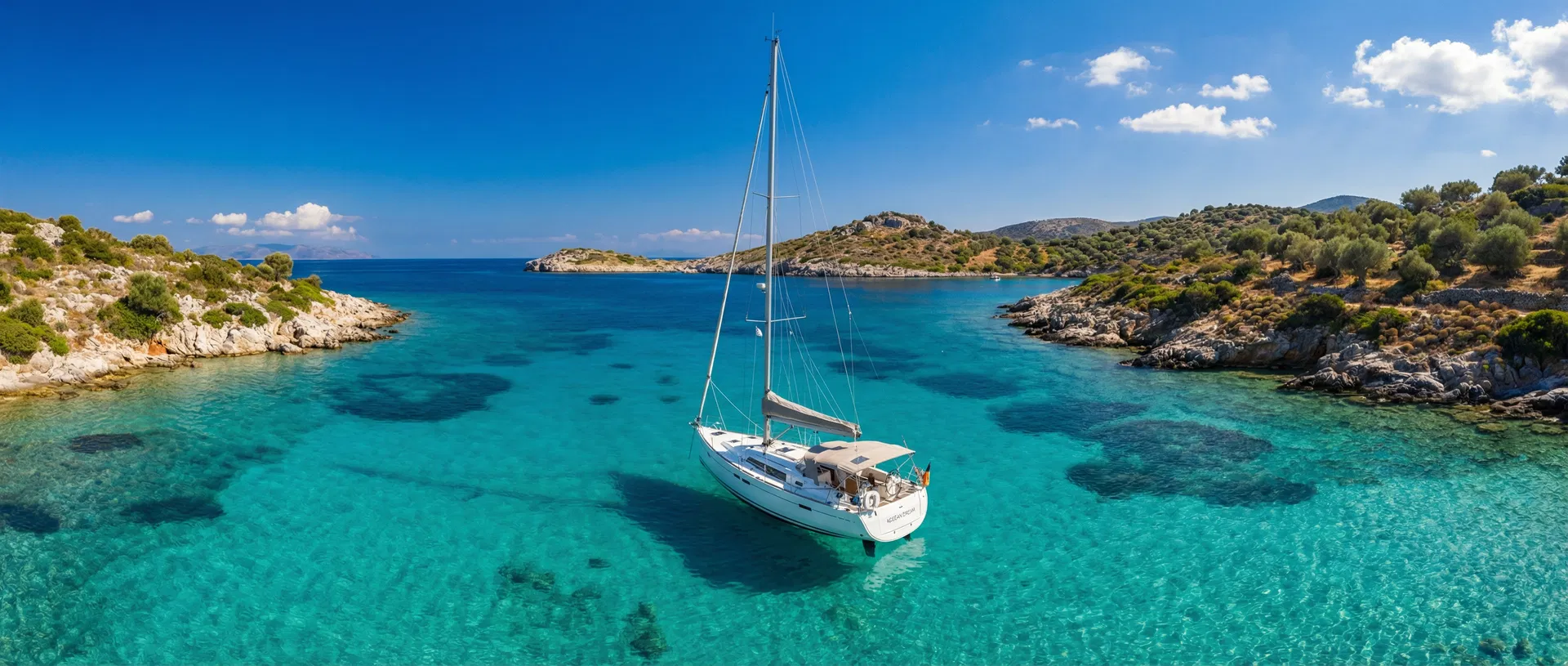 Sailing yacht anchored in a crystal-clear turquoise bay in the Greek islands