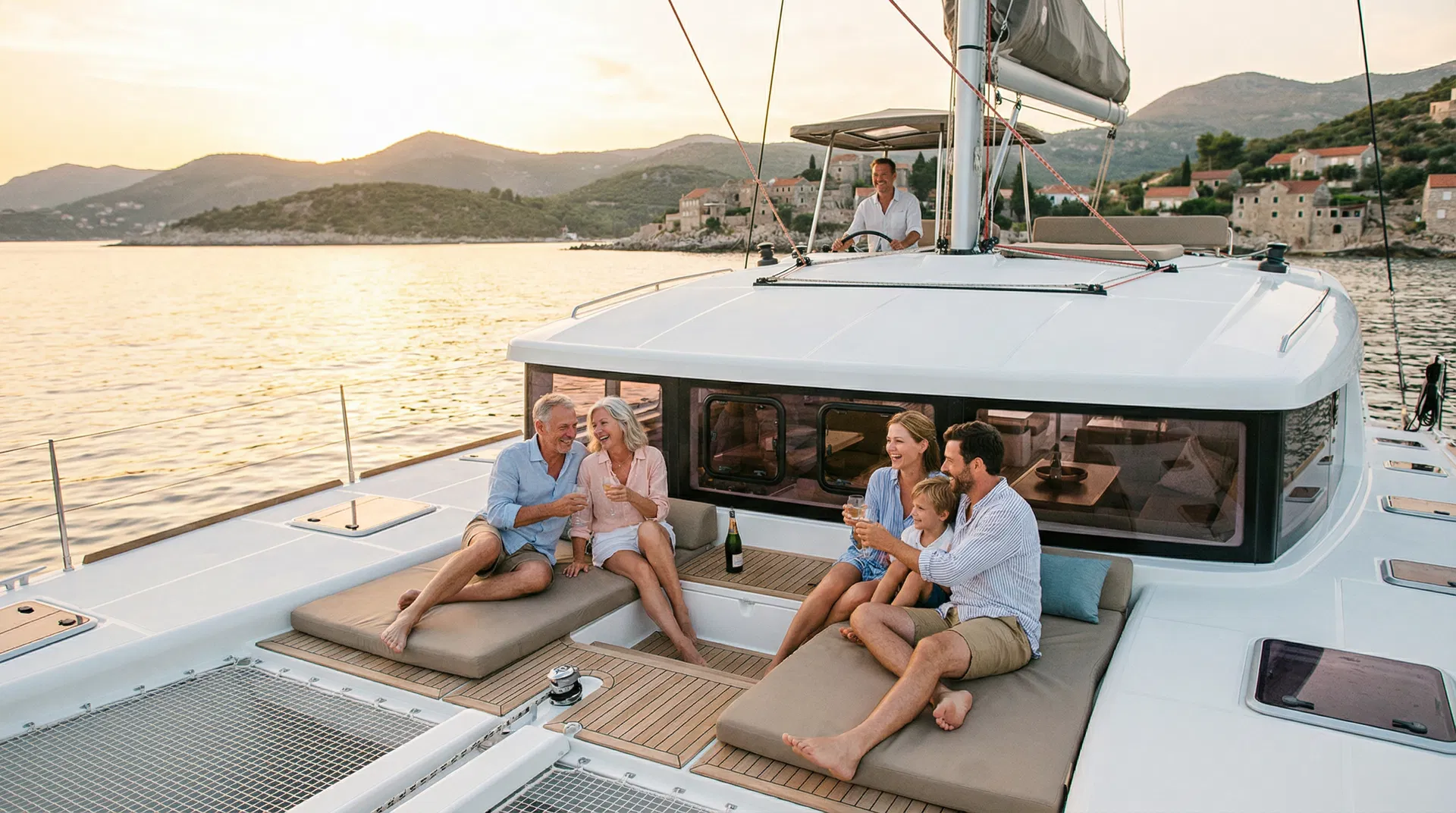 Family enjoying a sunset on a catamaran deck during a charter vacation