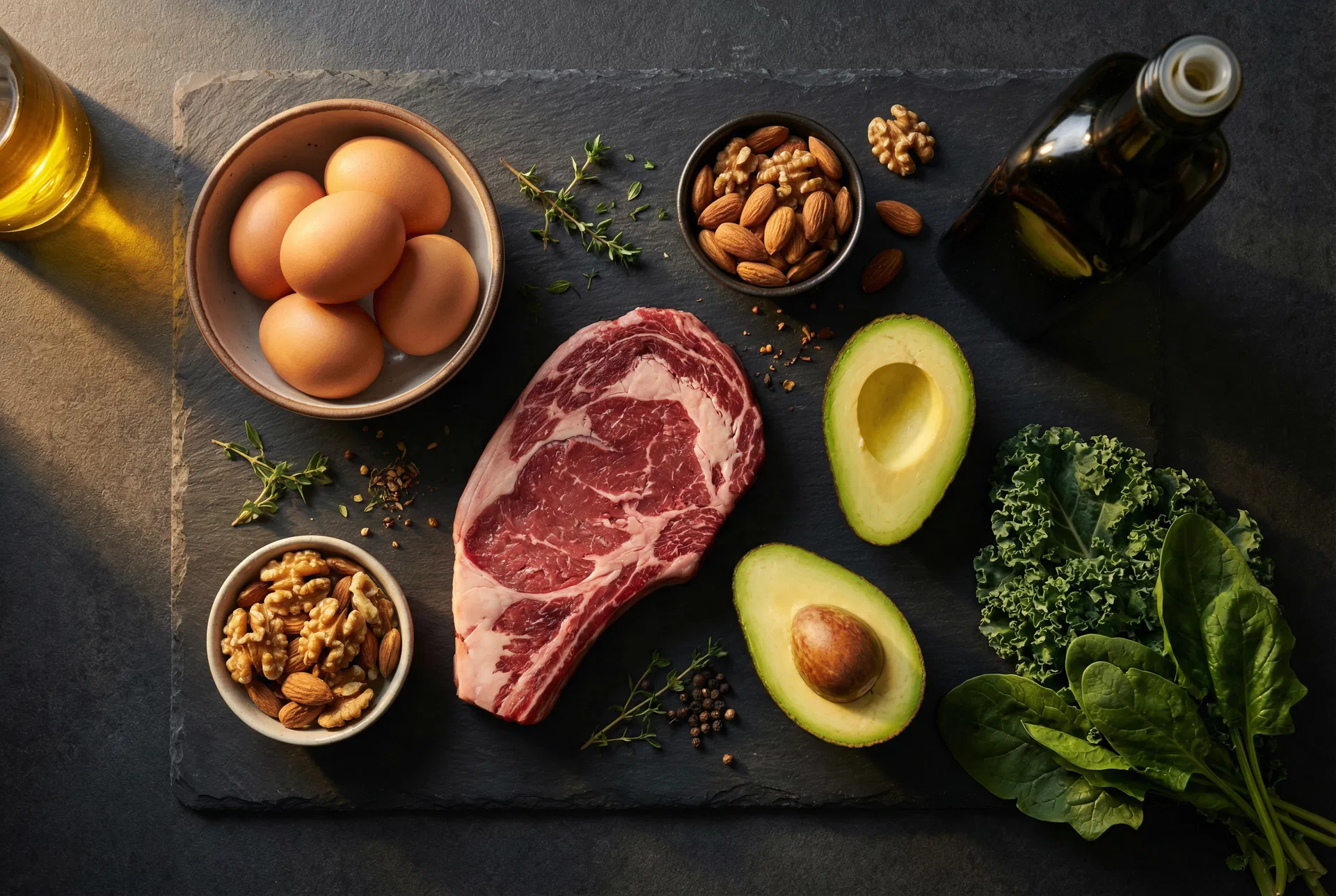 High-testosterone foods on a dark slate surface