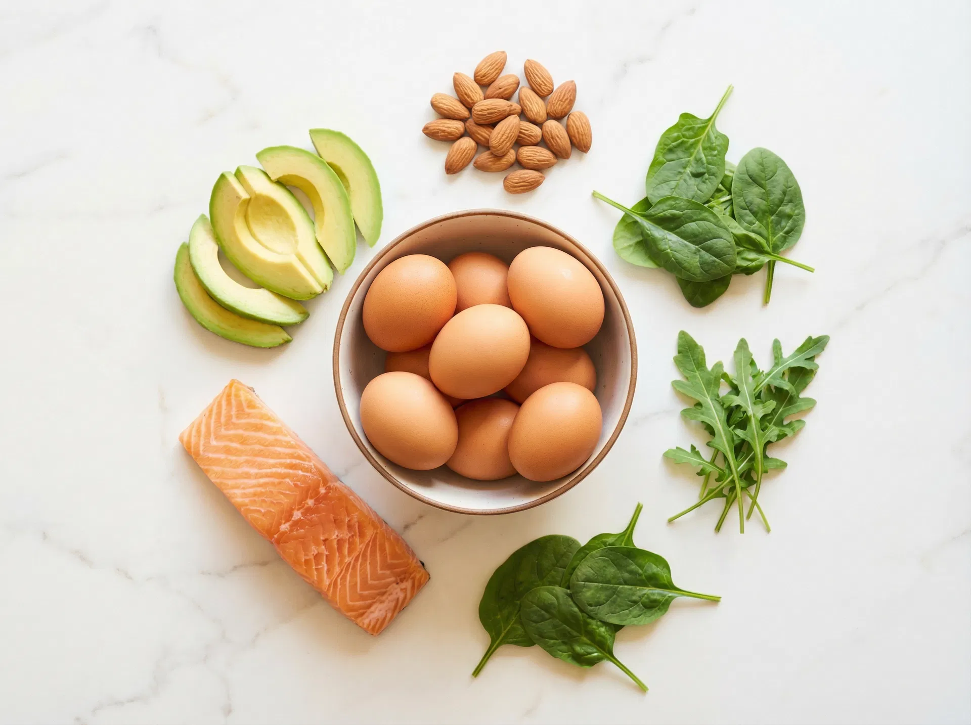 Healthy foods on white marble — eggs, salmon, avocado, almonds, greens