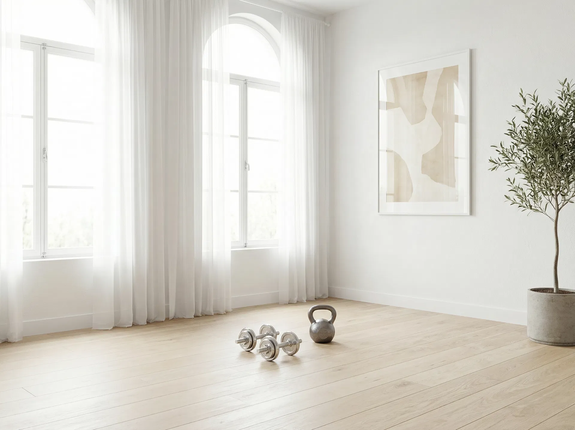 Bright home gym with dumbbells and kettlebell