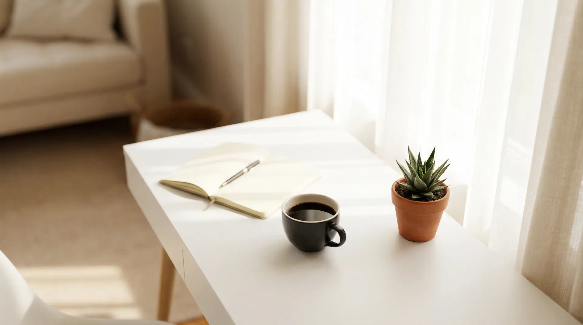 Clean desk with coffee and notebook in morning light
